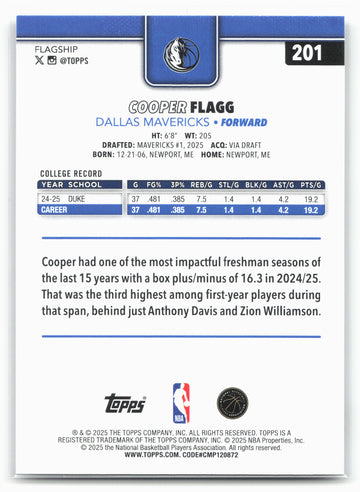 
2025-26 Topps #201 Cooper Flagg 22928