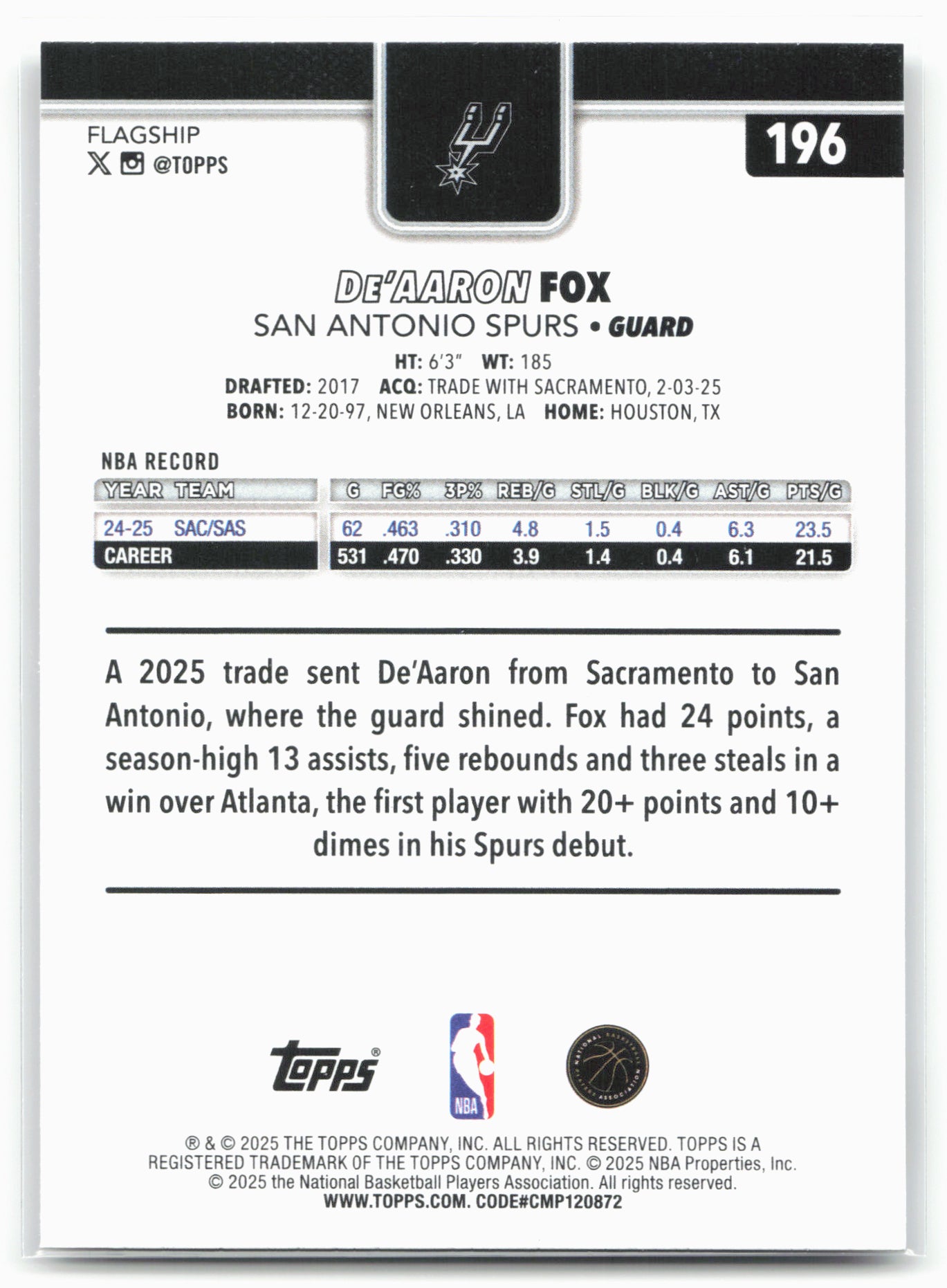 2025-26 Topps #196 De'Aaron Fox