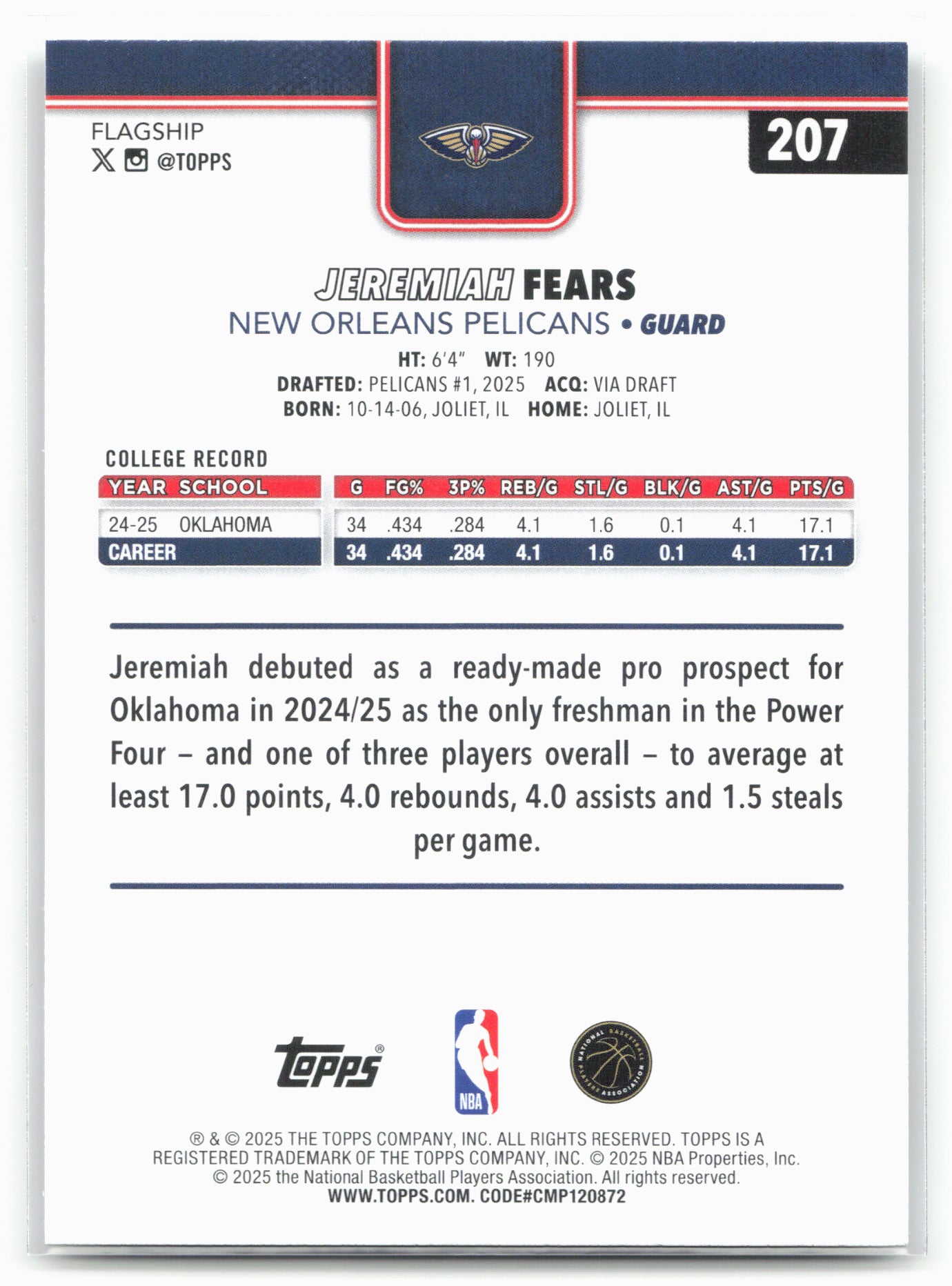 2025-26 Topps #207 Jeremiah Fears Season Tip Off