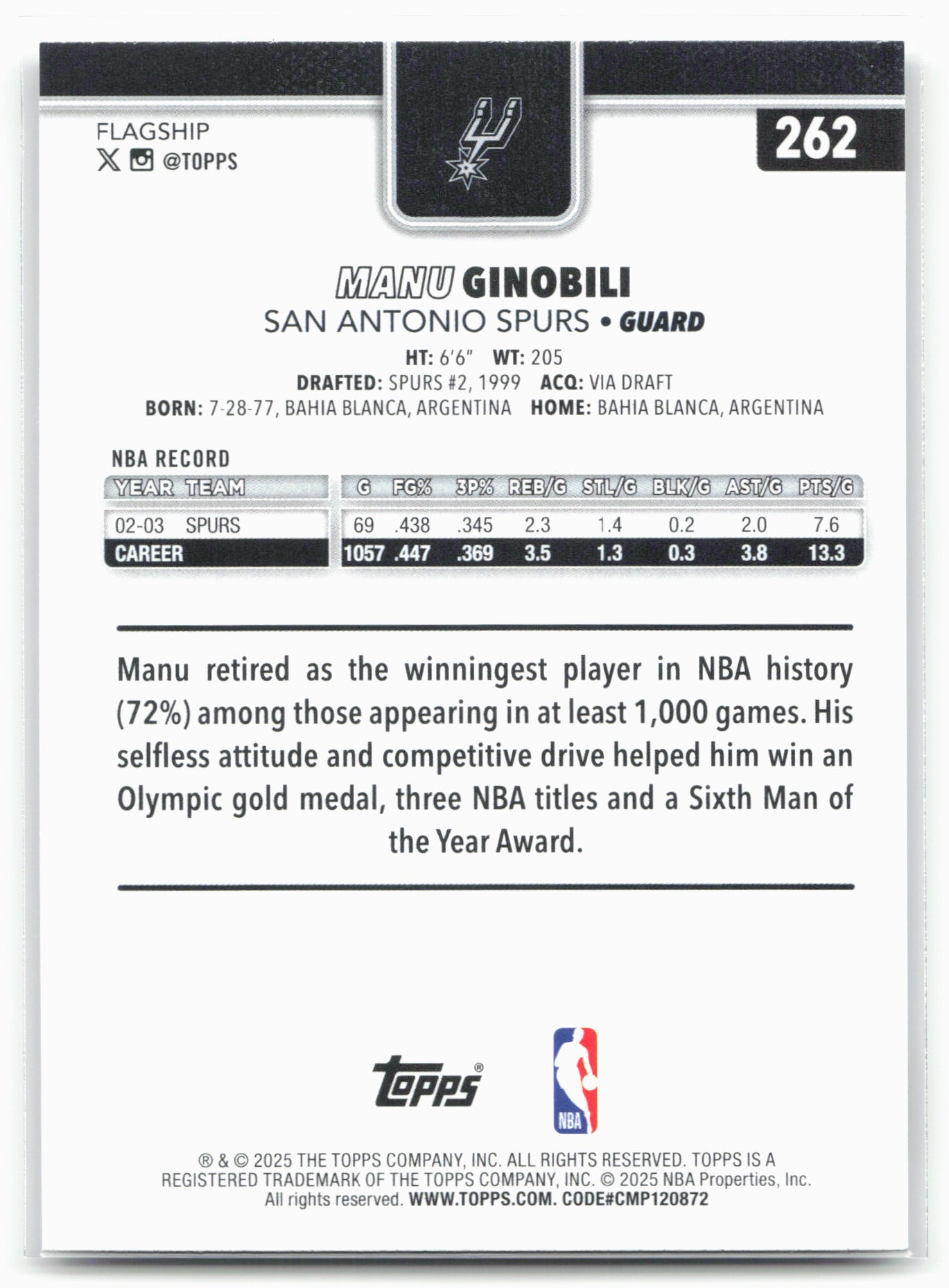 2025-26 Topps #262 Manu Ginobili