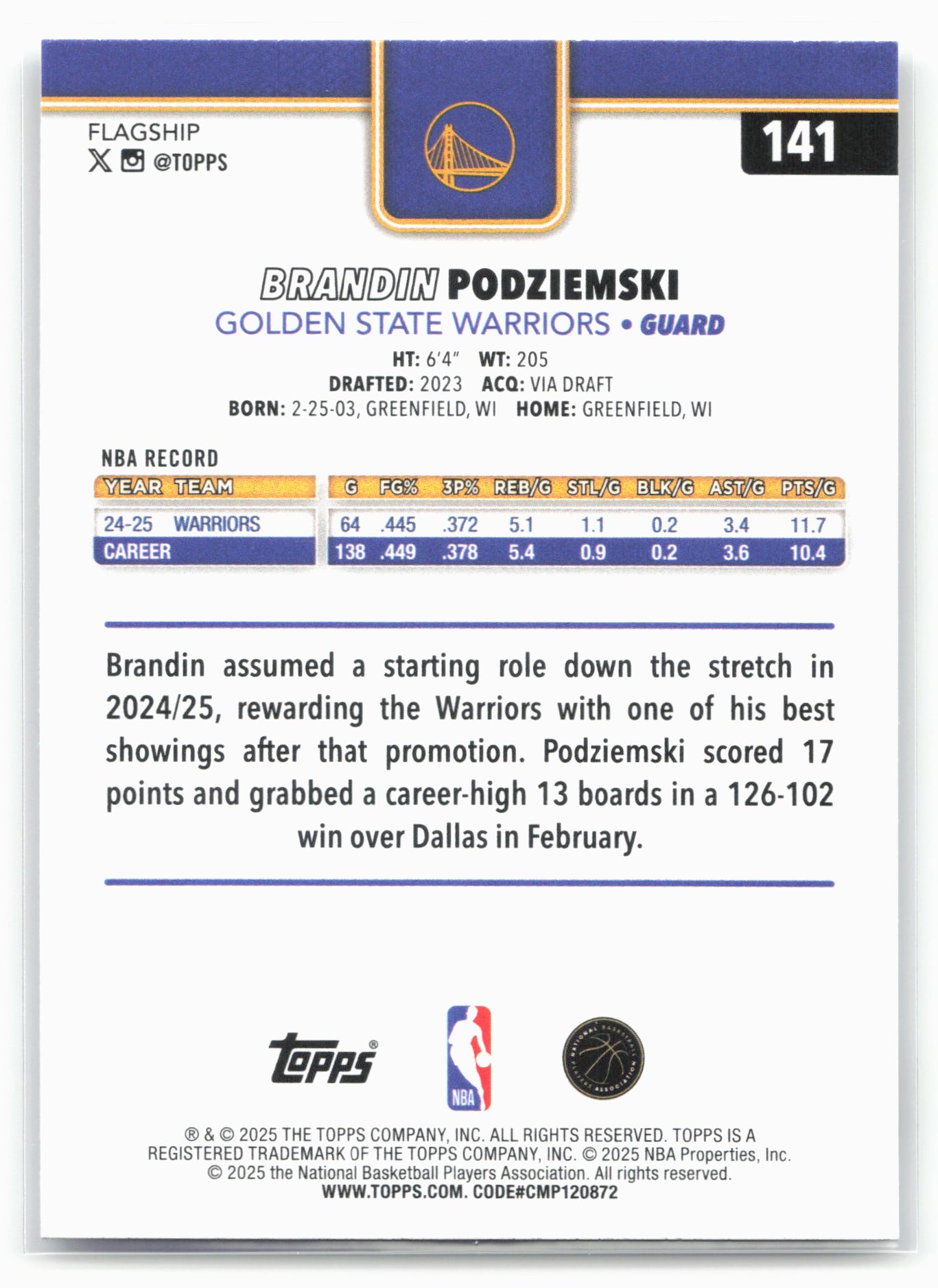 2025-26 Topps #141 Brandin Podziemski
