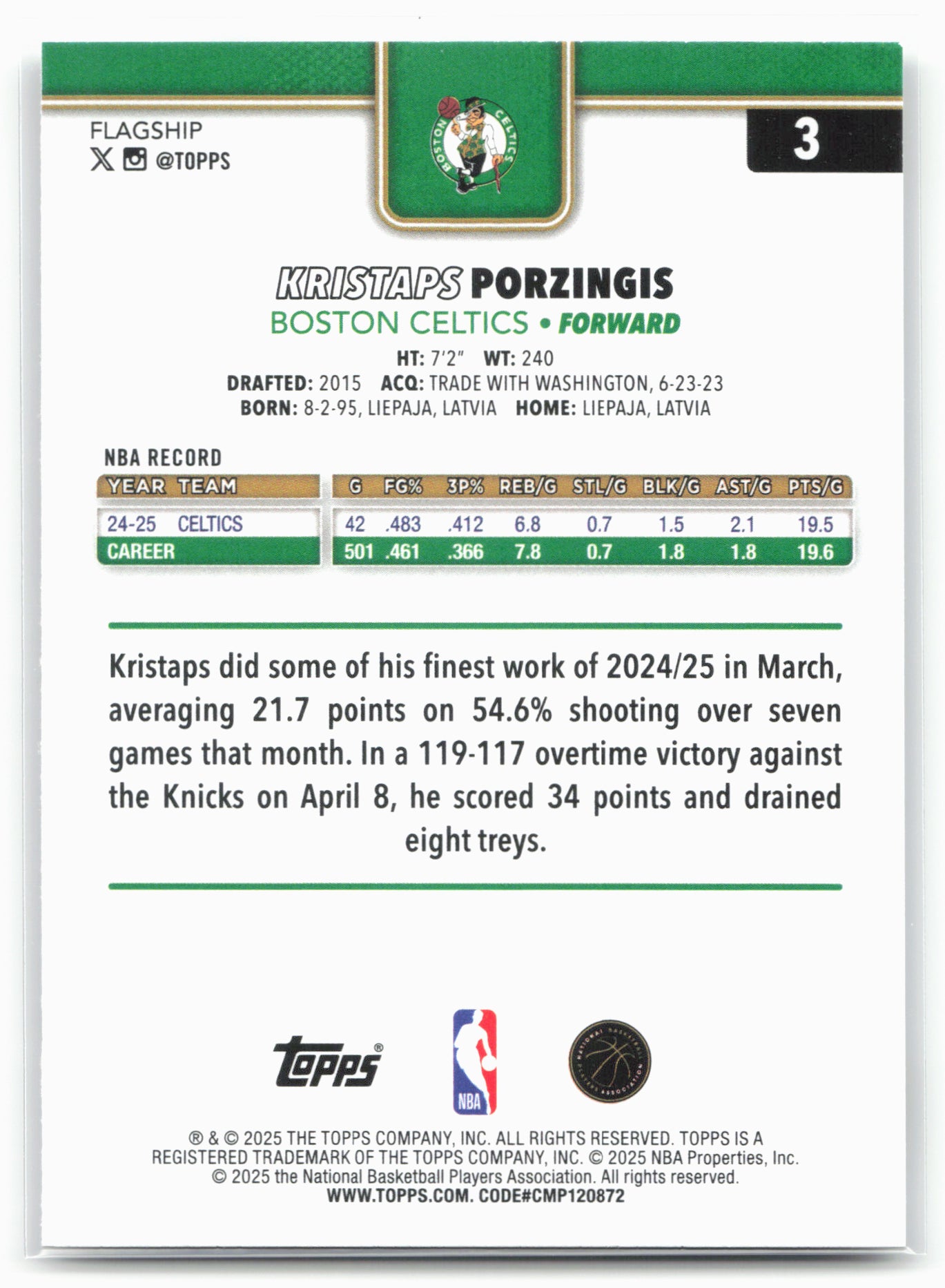 2025-26 Topps #3 Kristaps Porzingis