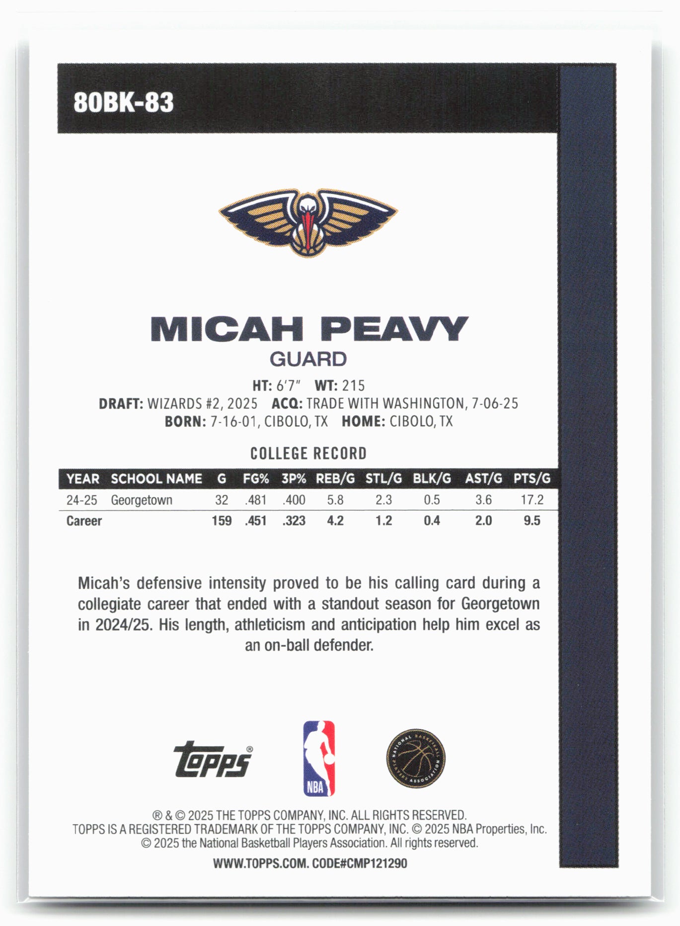 2025-26 Topps #80BK-83 Micah Peavy 1980-81 Topps Basketball