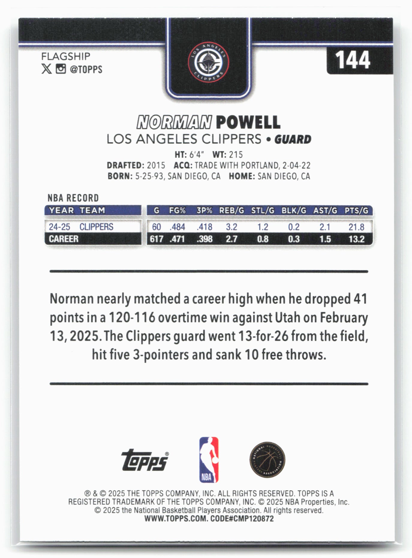 2025-26 Topps #144 Norman Powell Sandglitter