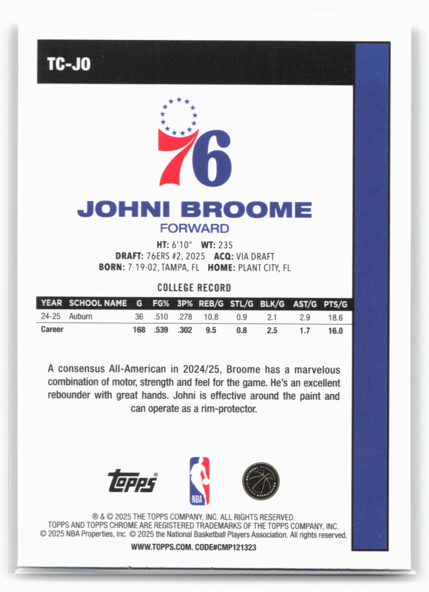2025-26 Topps #TC-JO Johni Broome 1980-81 Topps Chrome Basketball