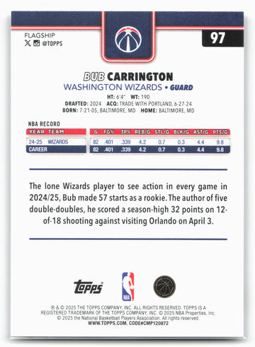 
2025-26 Topps #97 Bub Carrington