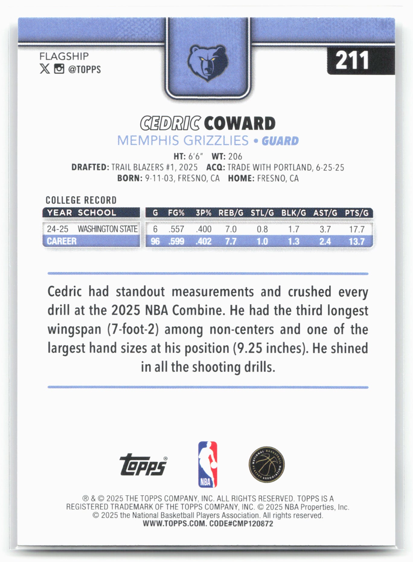2025-26 Topps #211 Cedric Coward