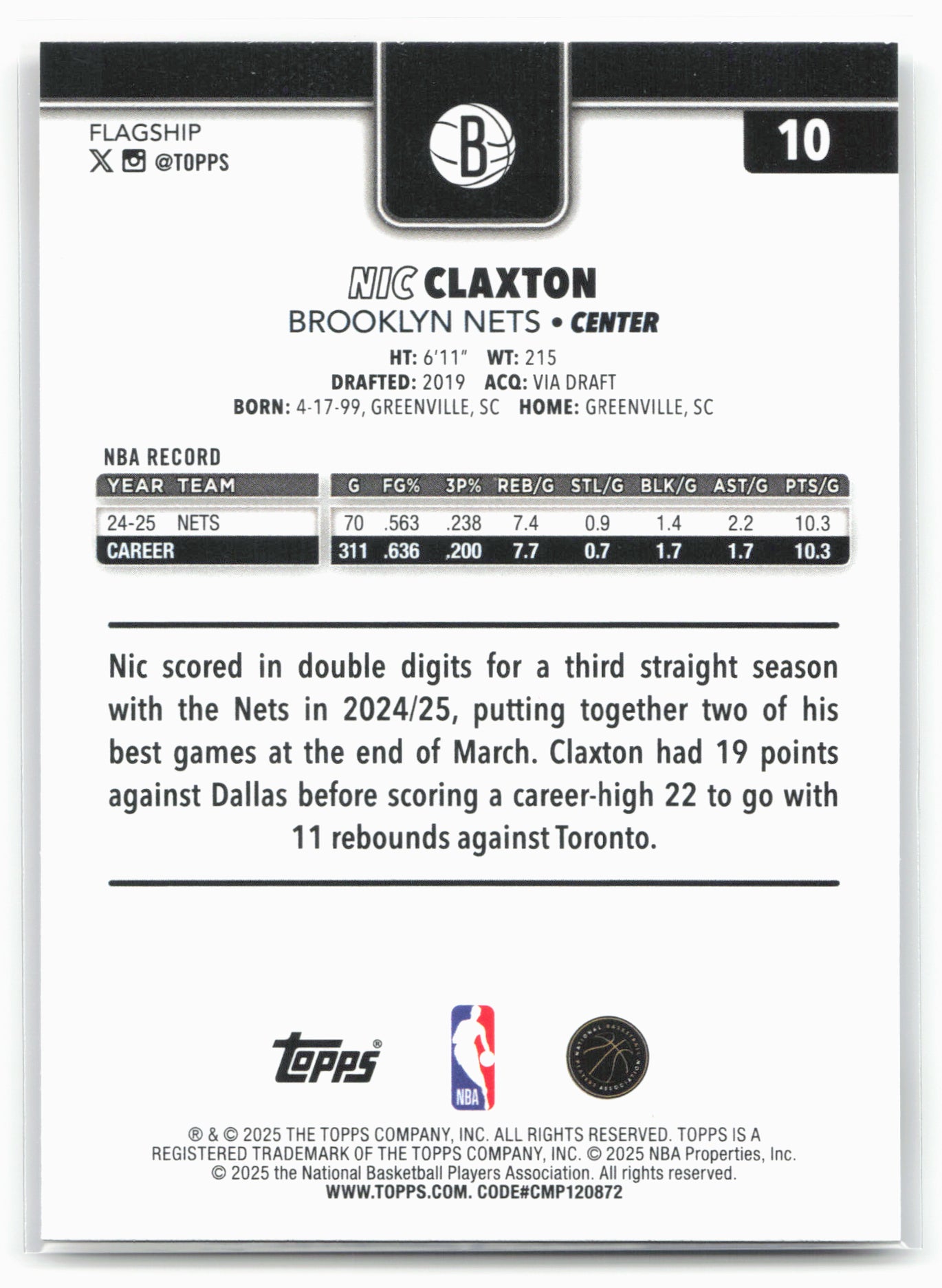 2025-26 Topps #10 Nic Claxton