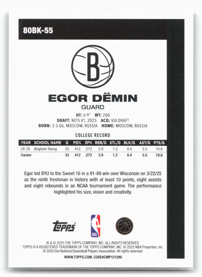 2025-26 Topps #80BK-55 Egor Dëmin 1980-81 Topps Basketball