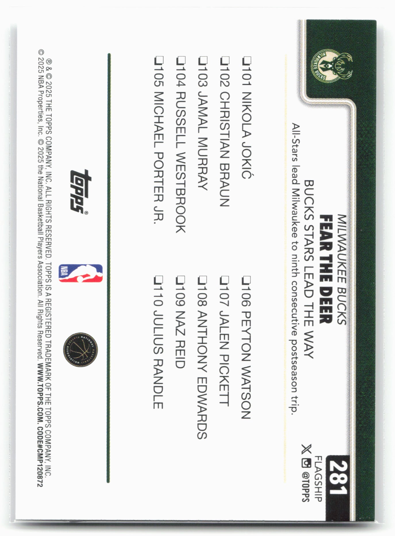 2025-26 Topps #281 Fear the Deer: Bucks Stars Lead the Way