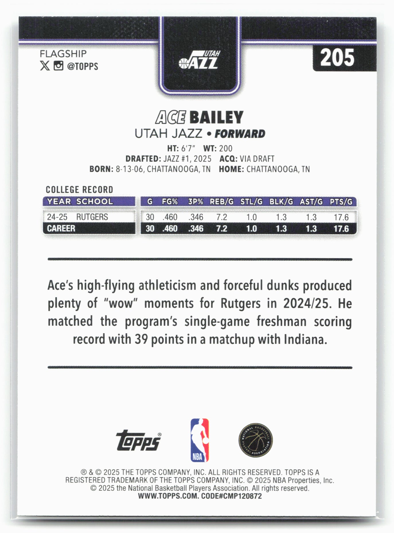 2025-26 Topps #205 Ace Bailey Rainbow Foilboard