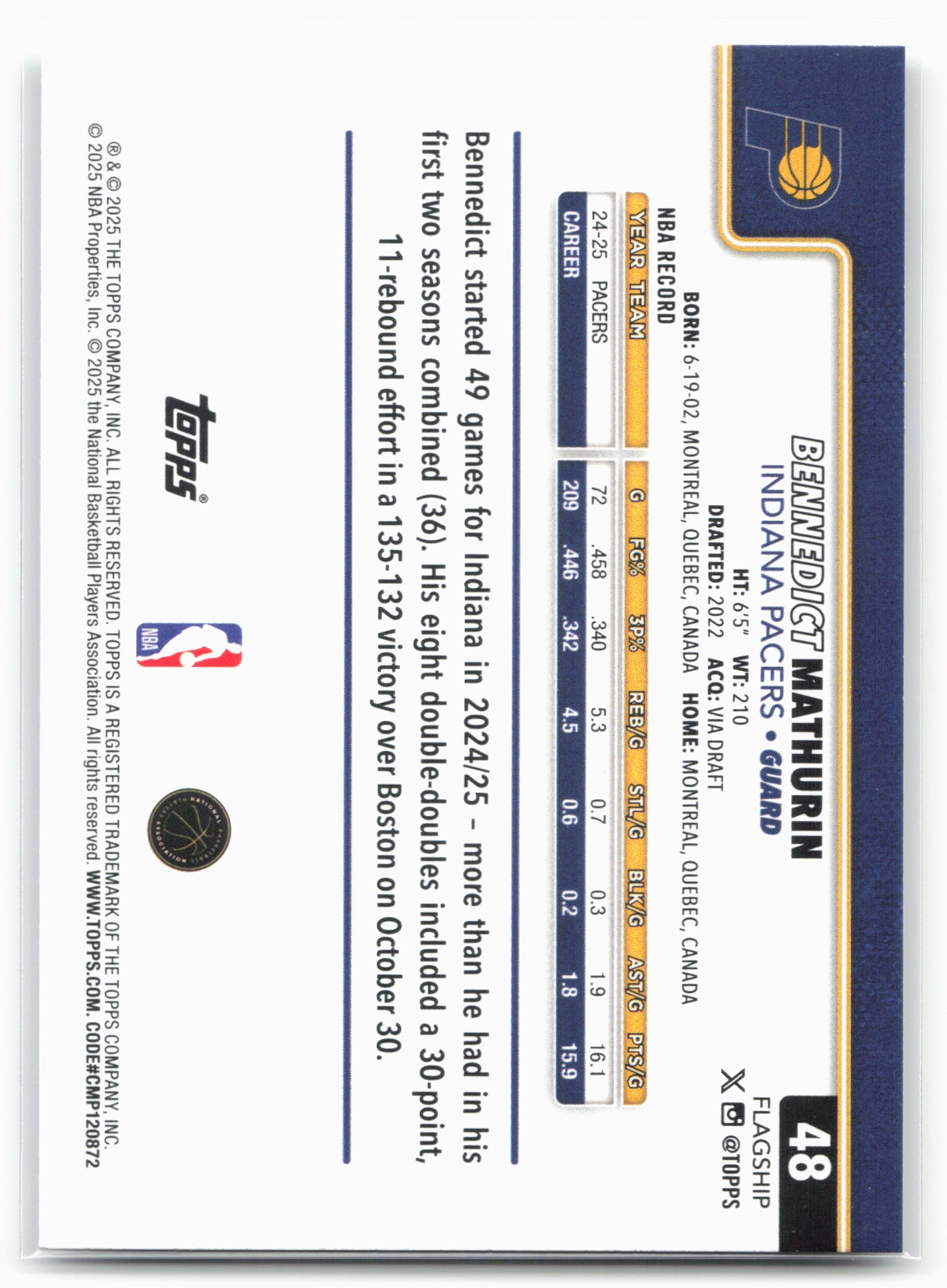 2025-26 Topps #48 Bennedict Mathurin