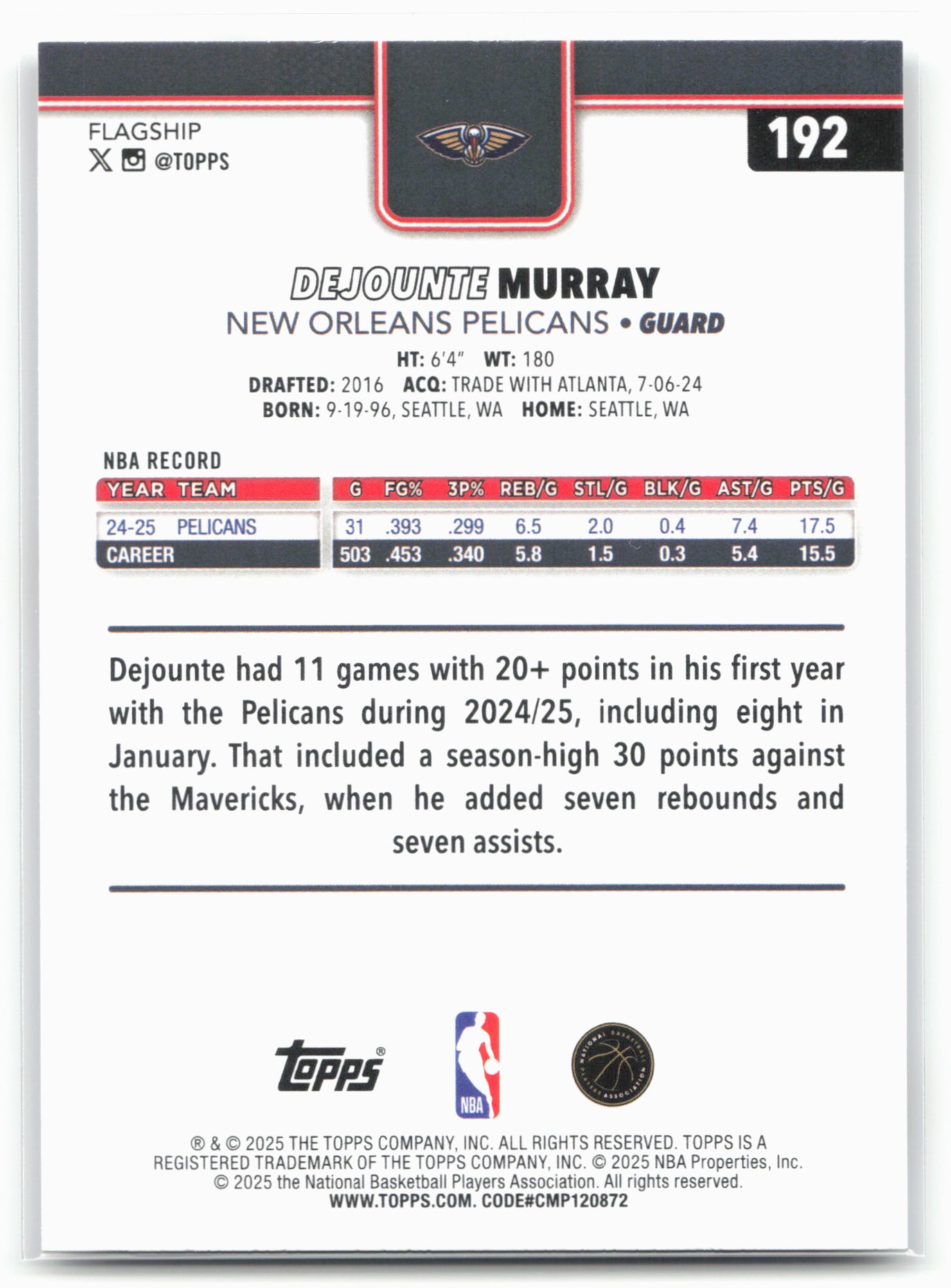 2025-26 Topps #192 Dejounte Murray