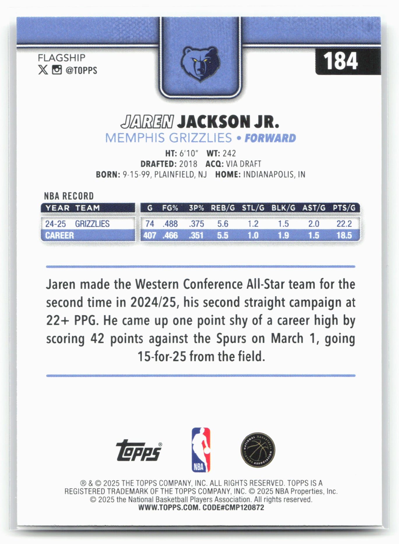 2025-26 Topps #184 Jaren Jackson Jr. Victory SSP