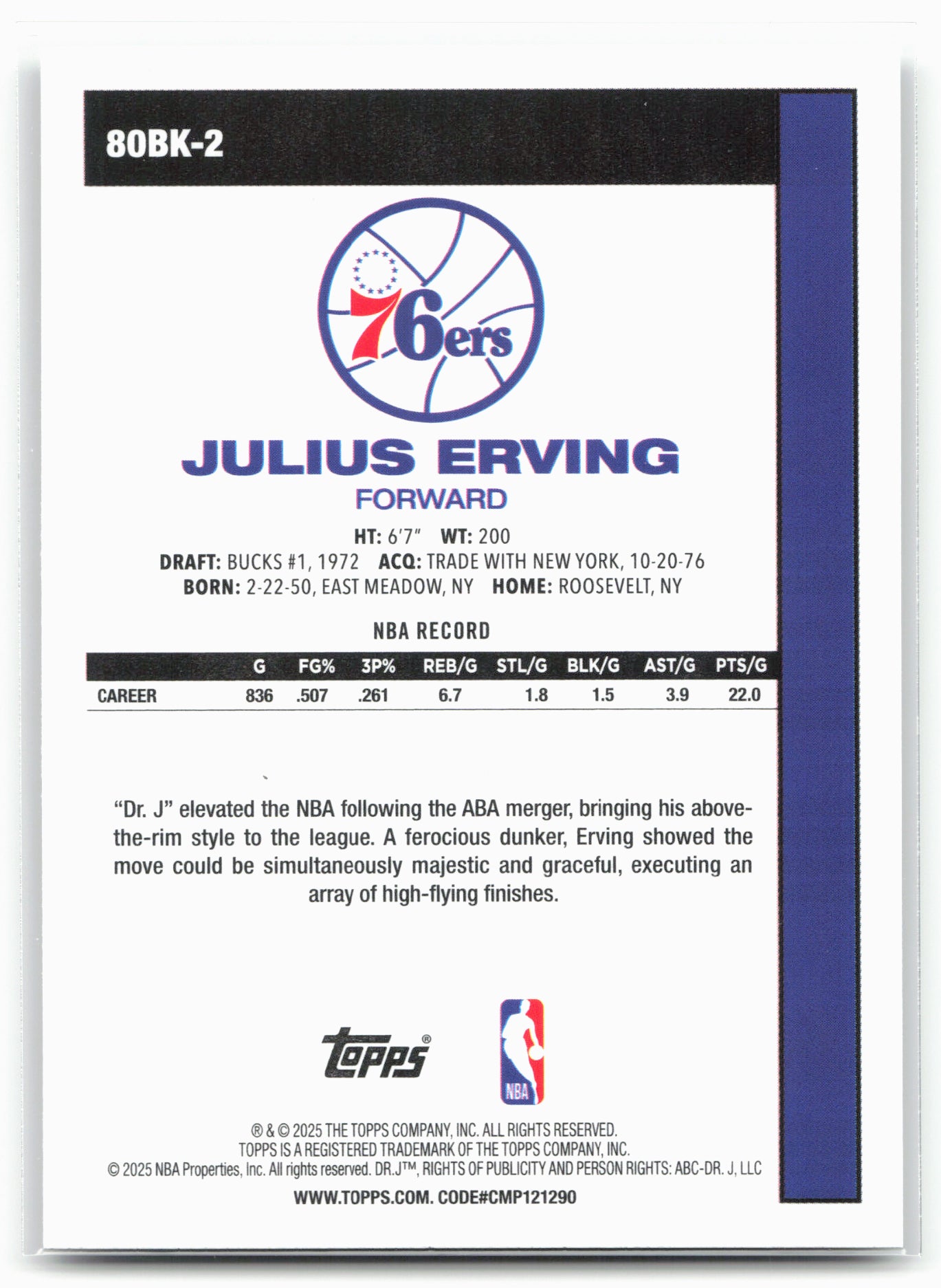 2025-26 Topps #80BK-2 Julius Erving 1980-81 Topps Basketball