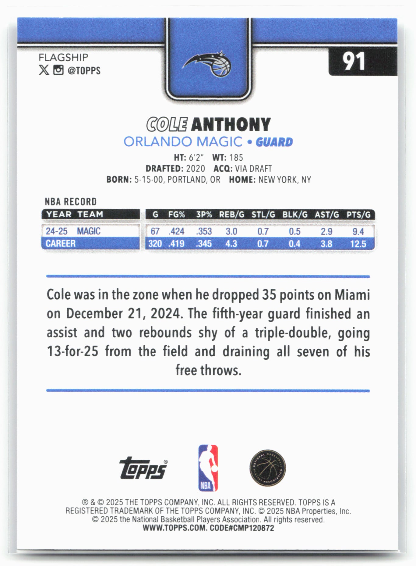 2025-26 Topps #91 Cole Anthony