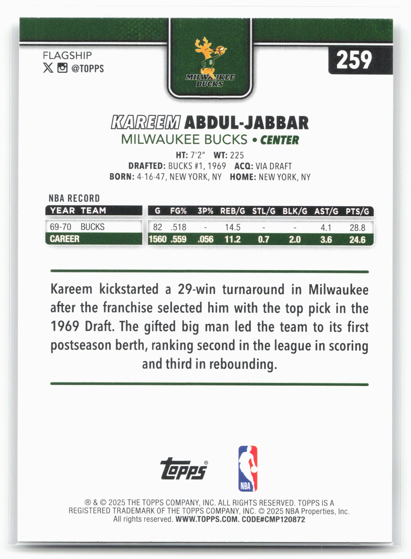 2025-26 Topps #259 Kareem Abdul-Jabbar