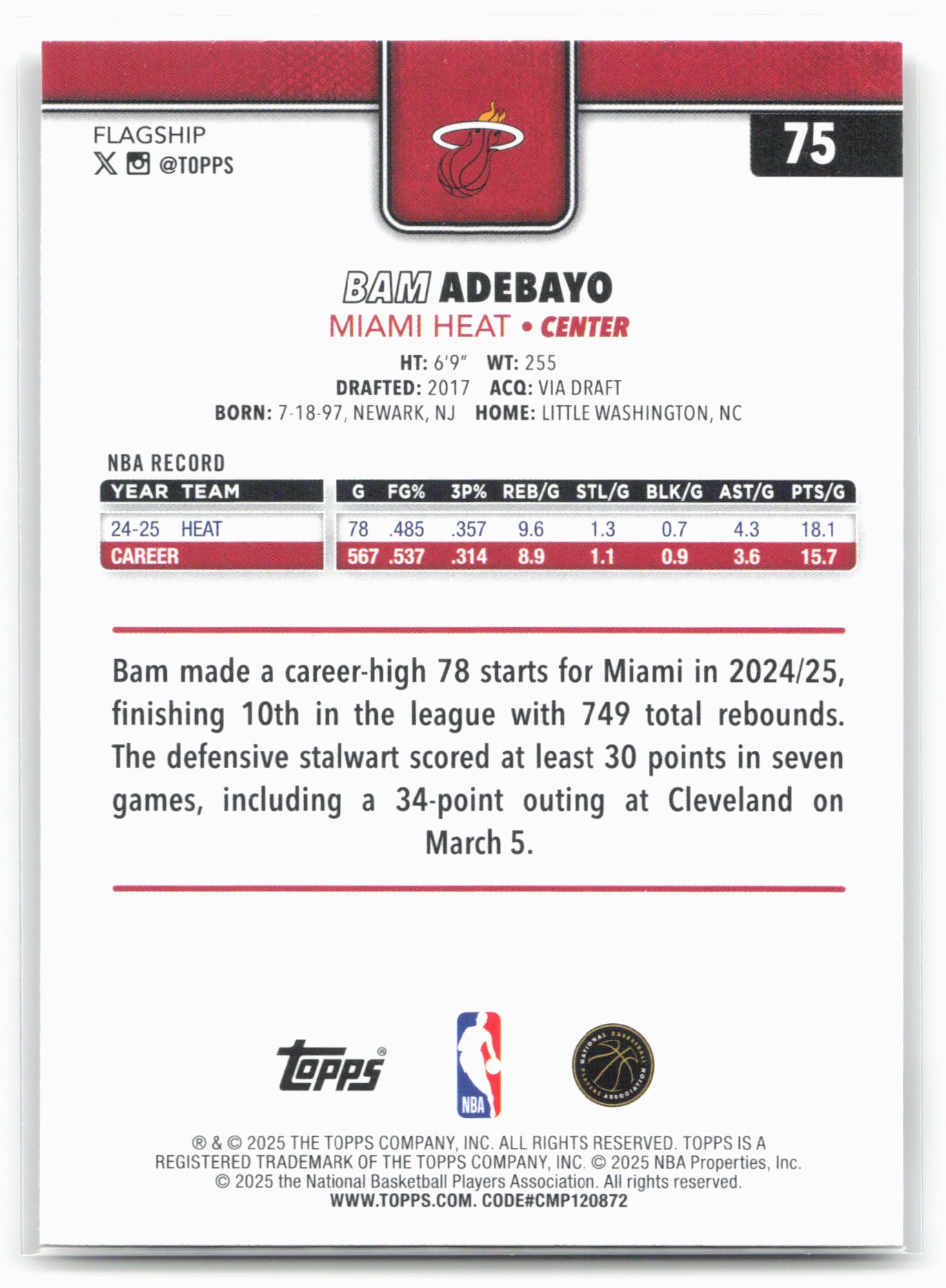 2025-26 Topps #75 Bam Adebayo