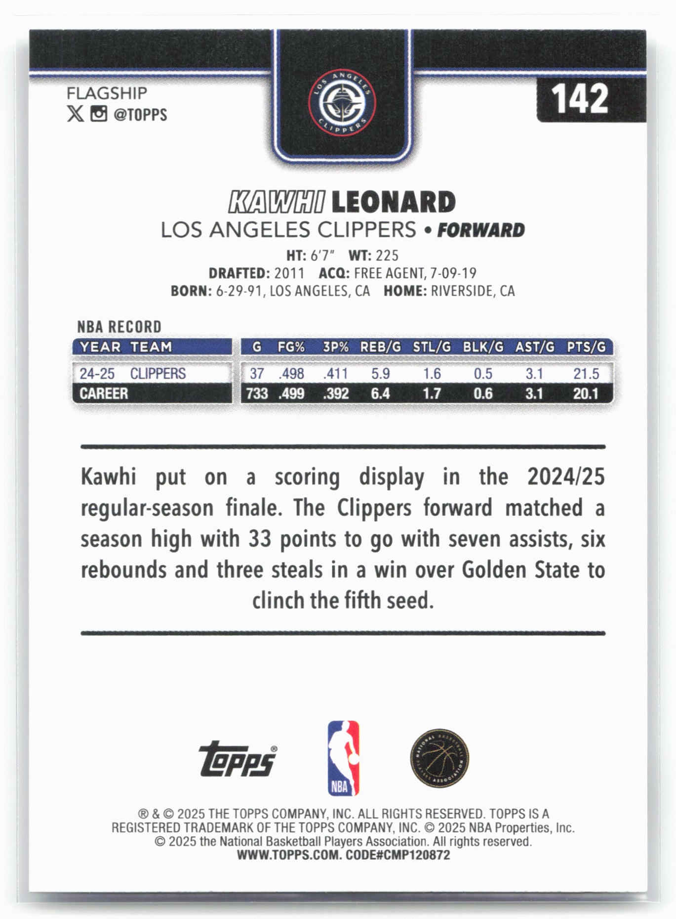 2025-26 Topps #142 Kawhi Leonard