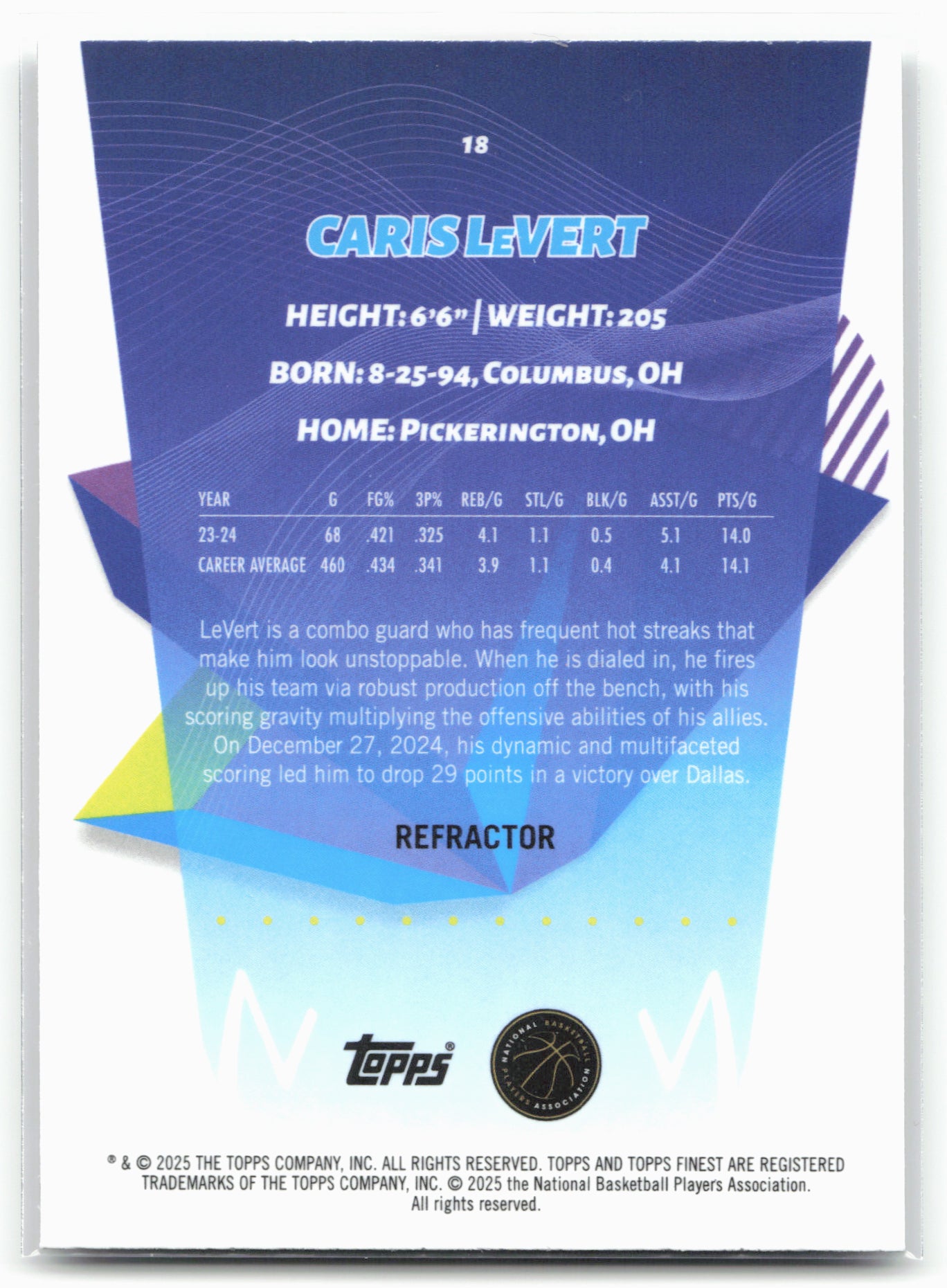 2024-25 Finest #18 Caris LeVert Refractor 23150