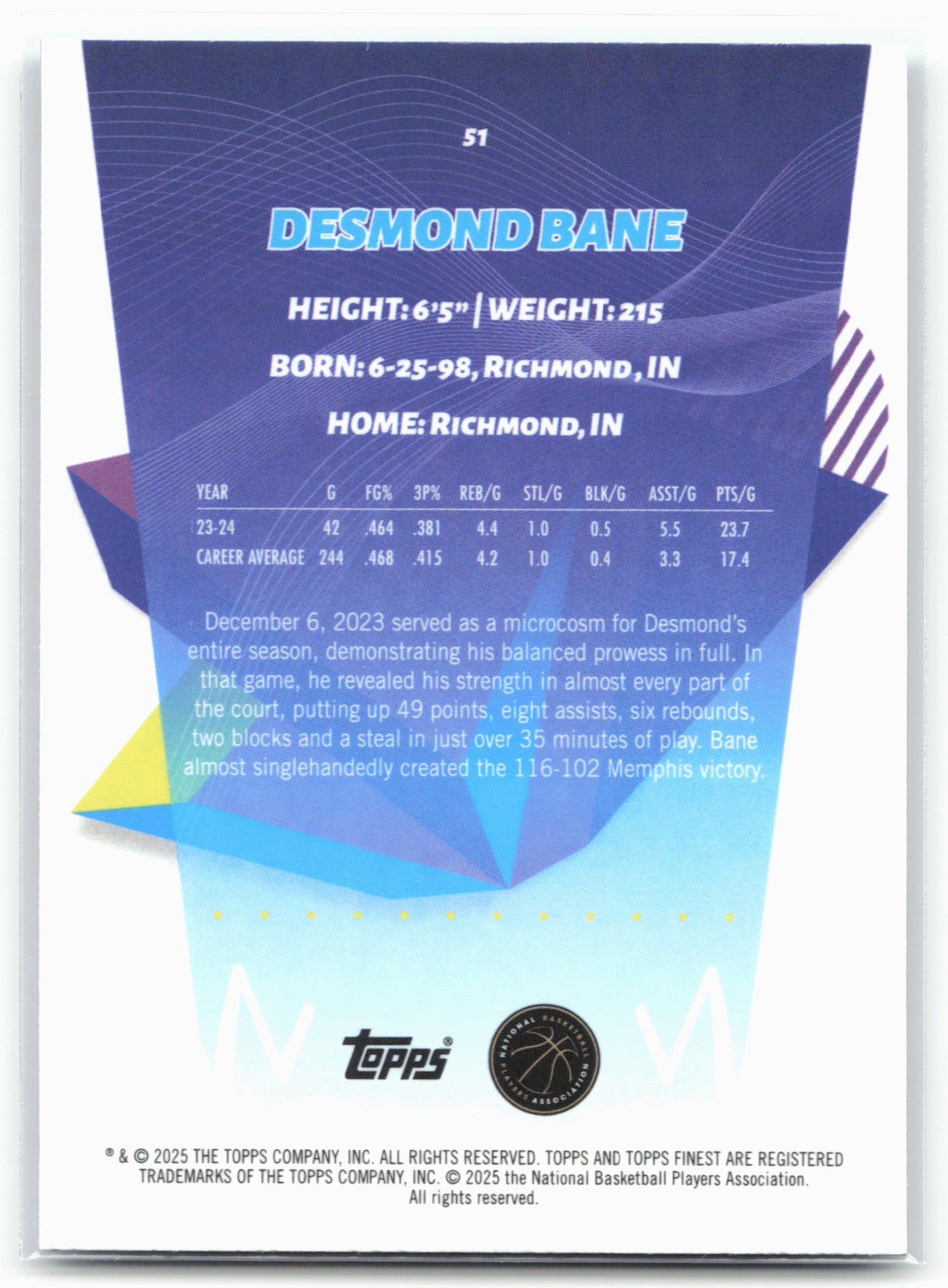 2024-25 Finest #51 Desmond Bane Sky Blue Refractor 23151