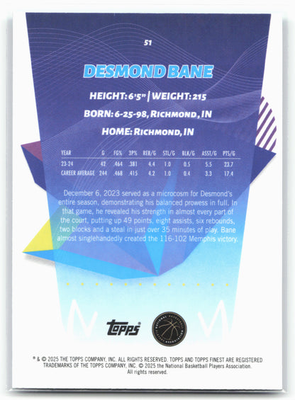 2024-25 Finest #51 Desmond Bane Sky Blue Refractor 23151