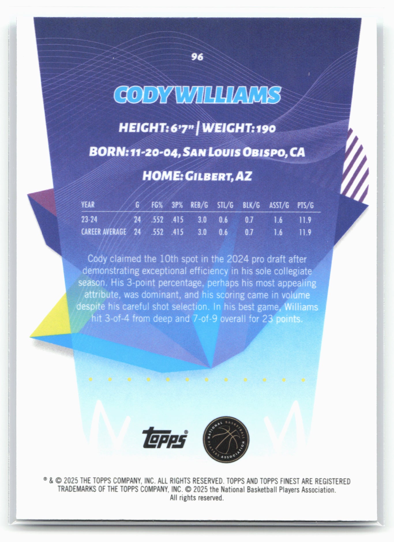 2024-25 Finest #96 Cody Williams Sky Blue Refractor 23154