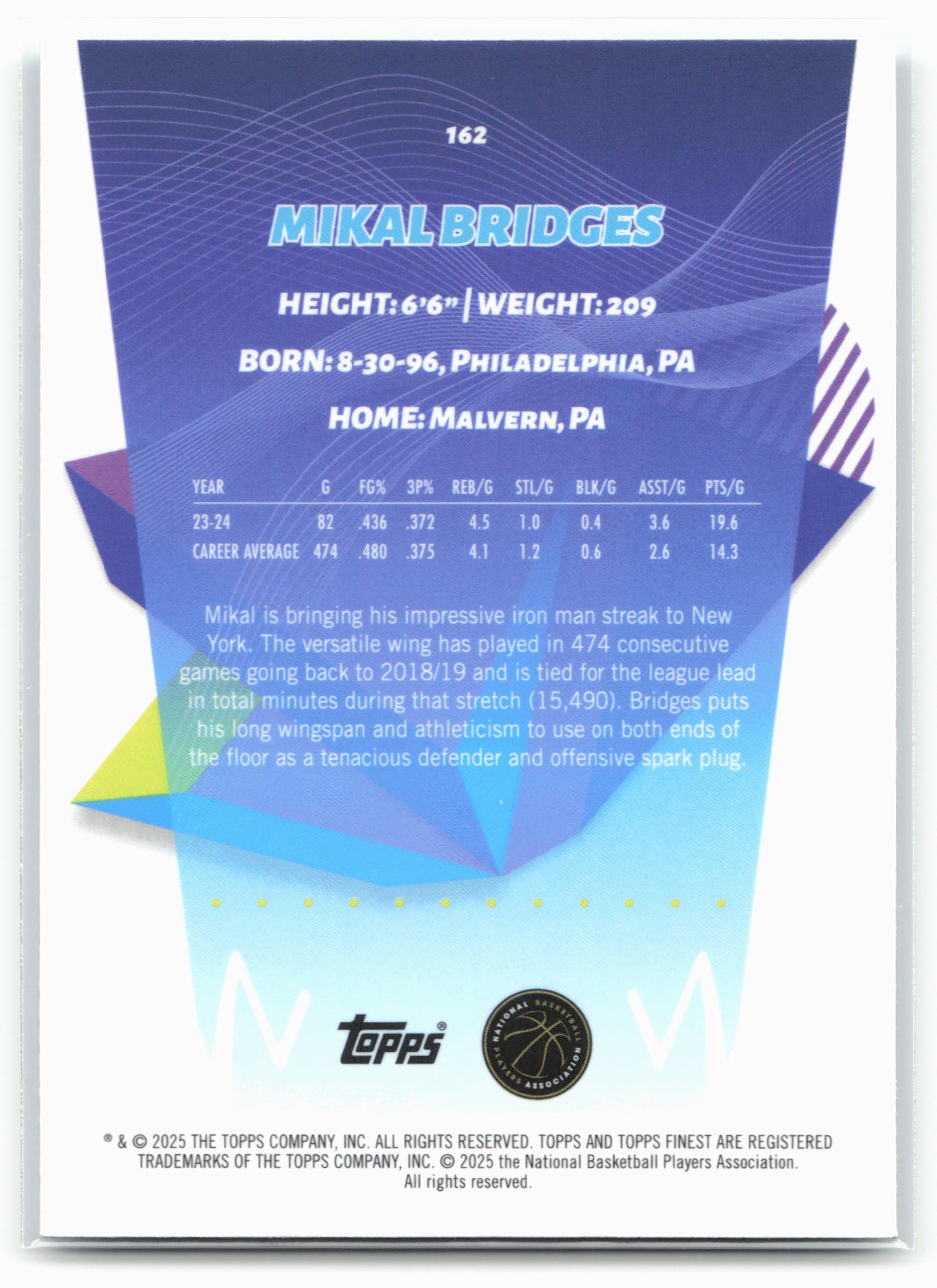 2024-25 Finest #162 Mikal Bridges Sky Blue Refractor 23164