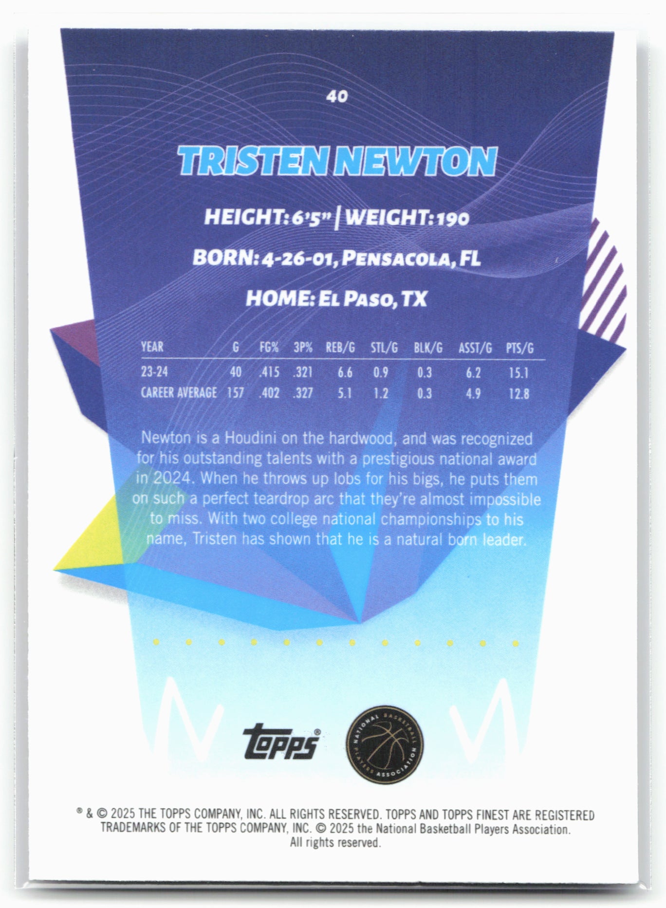 2024-25 Finest #40 Tristen Newton Purple X-Fractor #/150