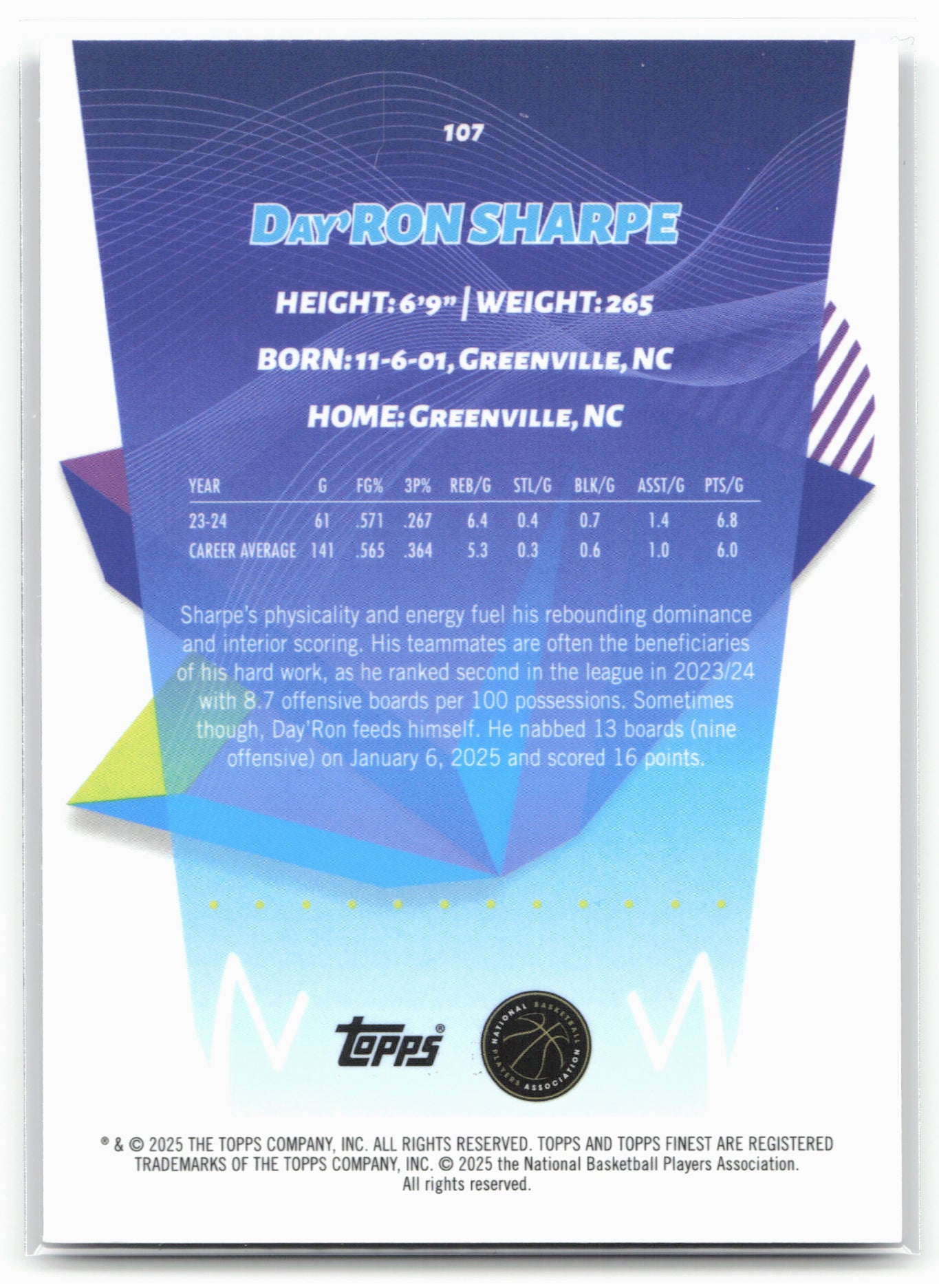 2024-25 Finest #107 Day'Ron Sharpe Purple X-Fractor #/99