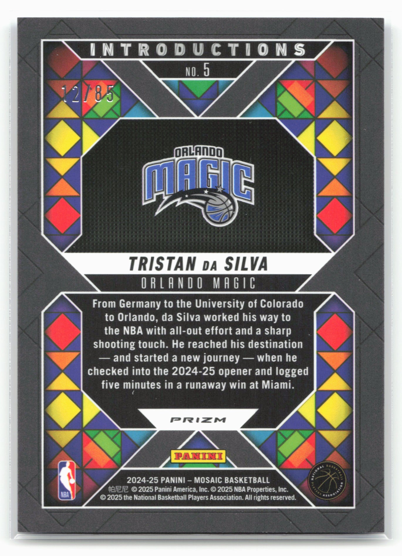 2024-25 Panini Mosaic #5 Tristan da Silva Introductions Fast Break Blue #/85