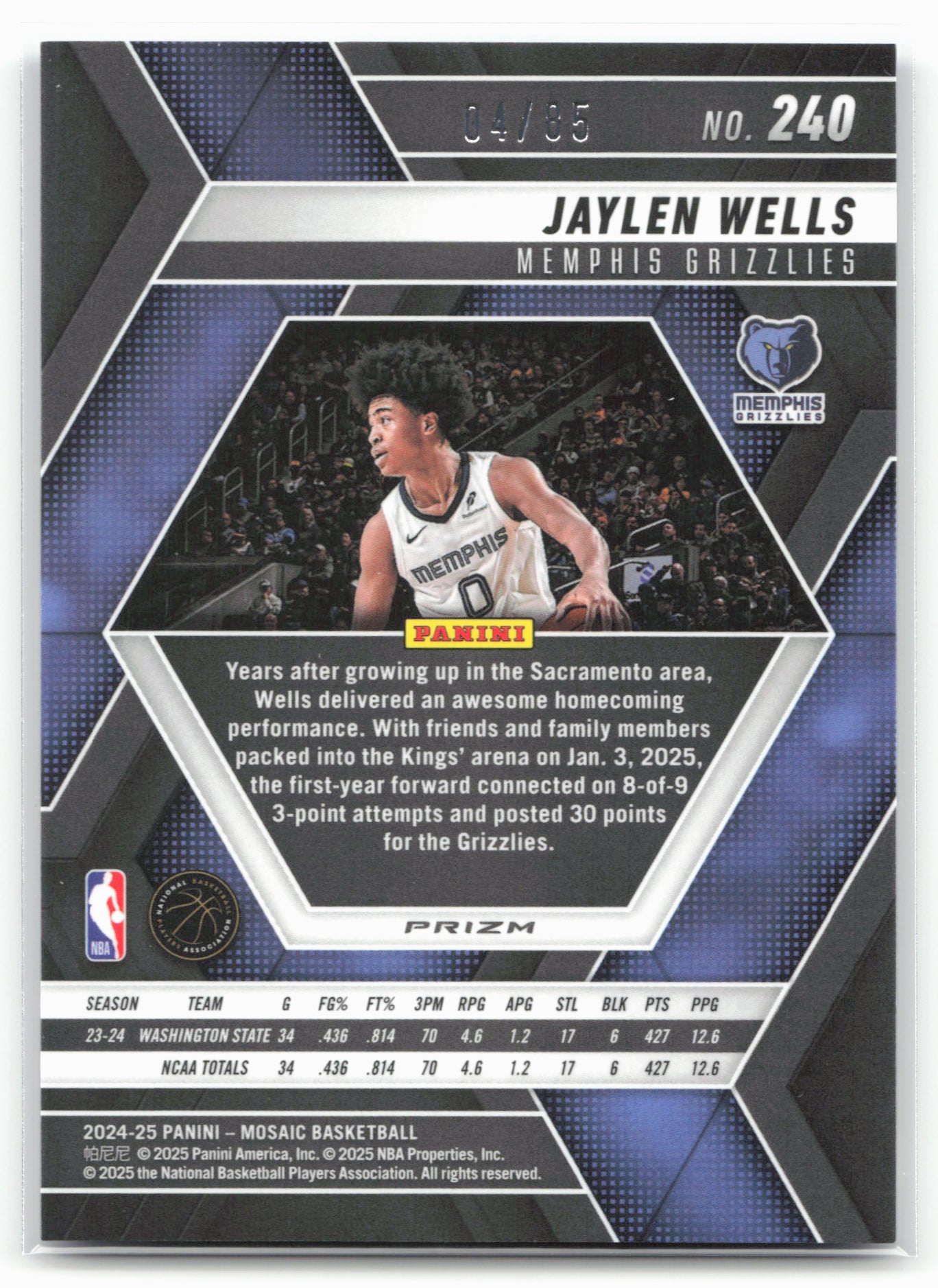 2024-25 Panini Mosaic #240 Jaylen Wells Fast Break Blue Mosaic #/85