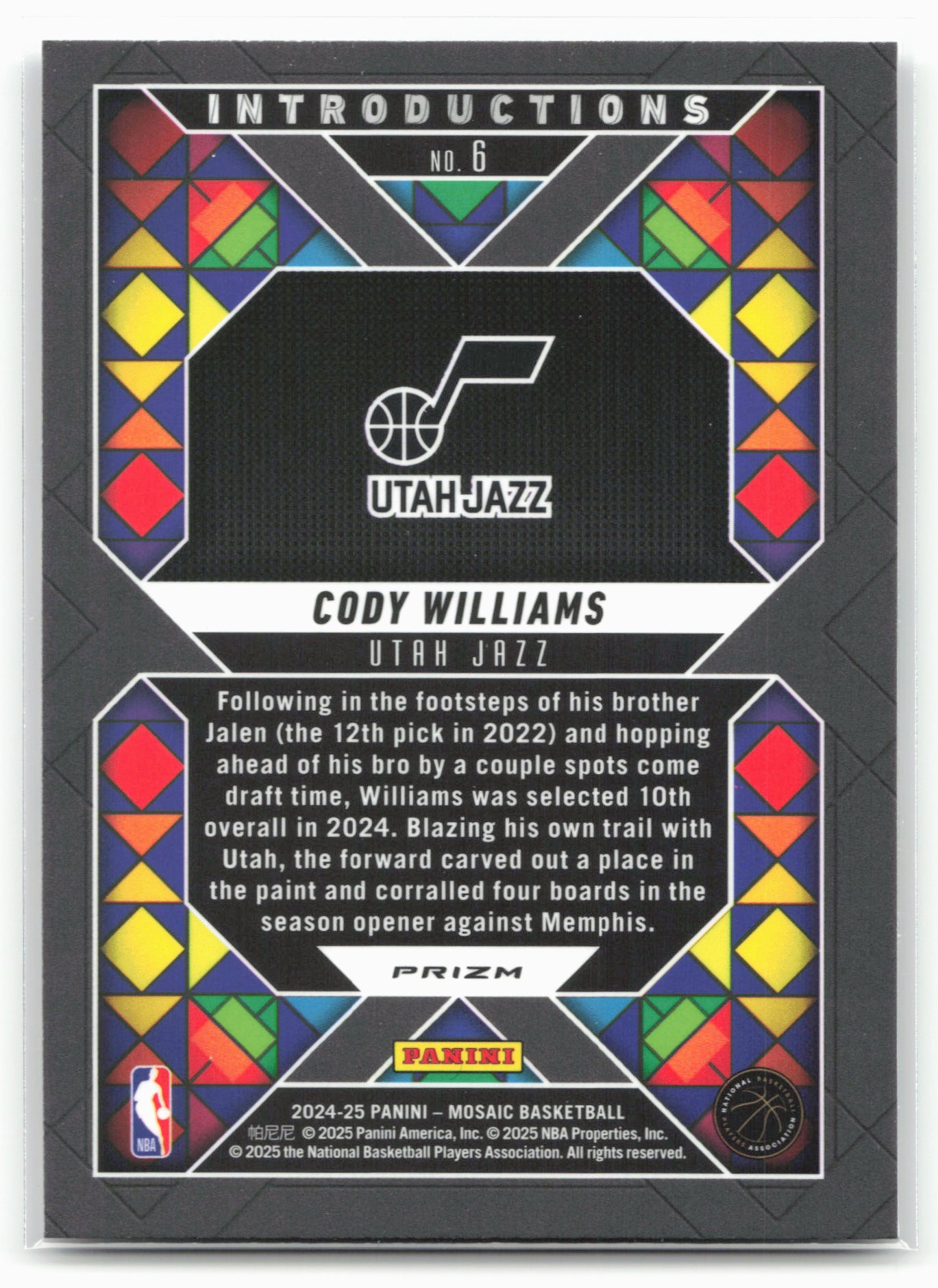 2024-25 Panini Mosaic #6 Cody Williams Introductions Fast Break