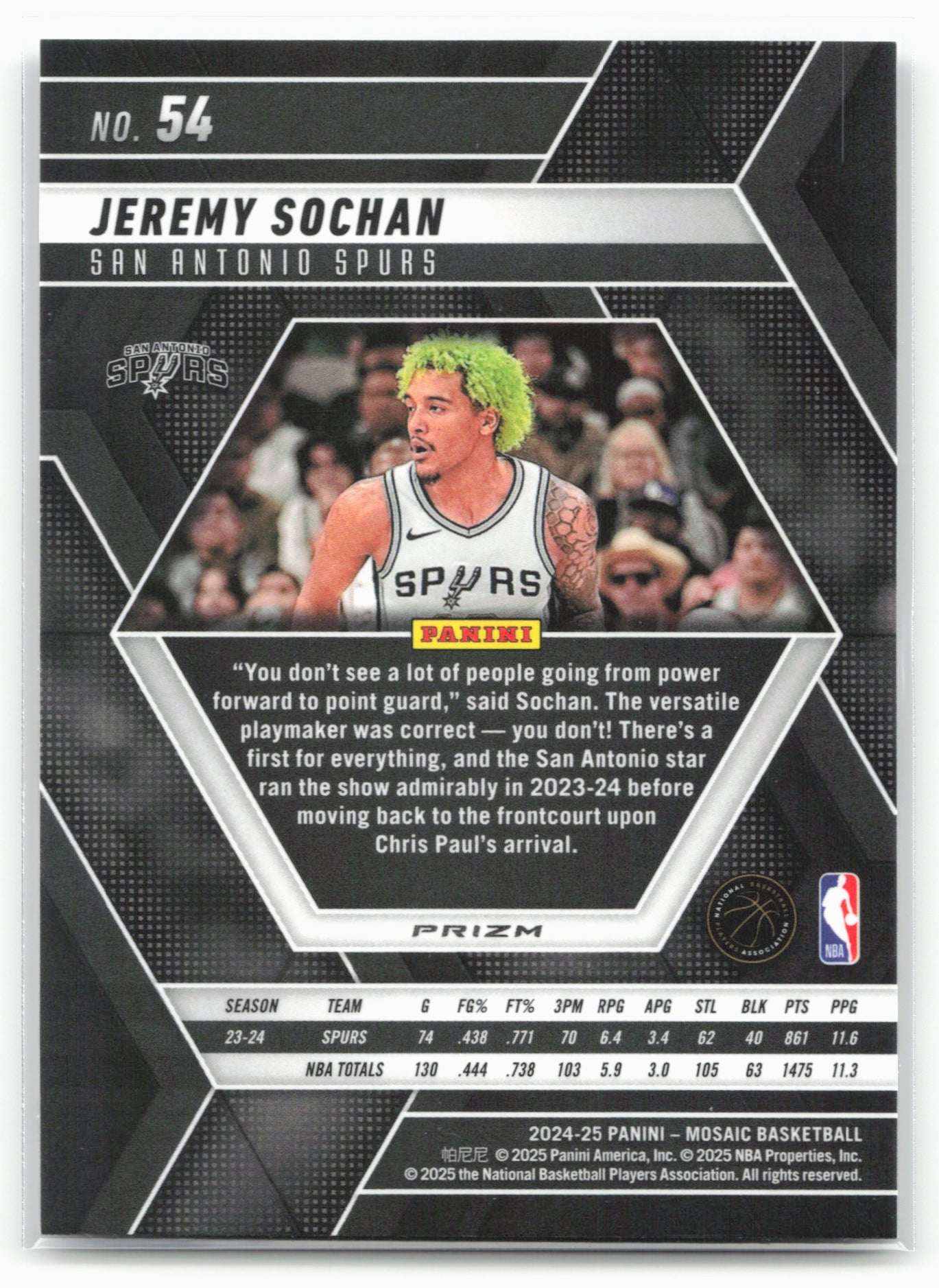 2024-25 Panini Mosaic #54 Jeremy Sochan Fast Break Silver Mosaic 23190