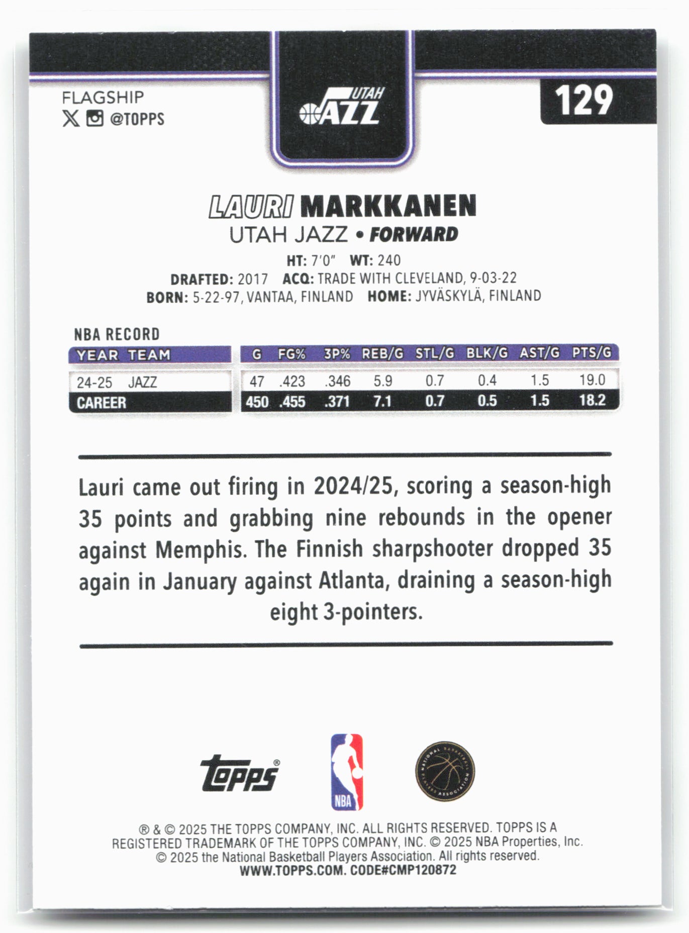 2025-26 Topps #129 Lauri Markkanen