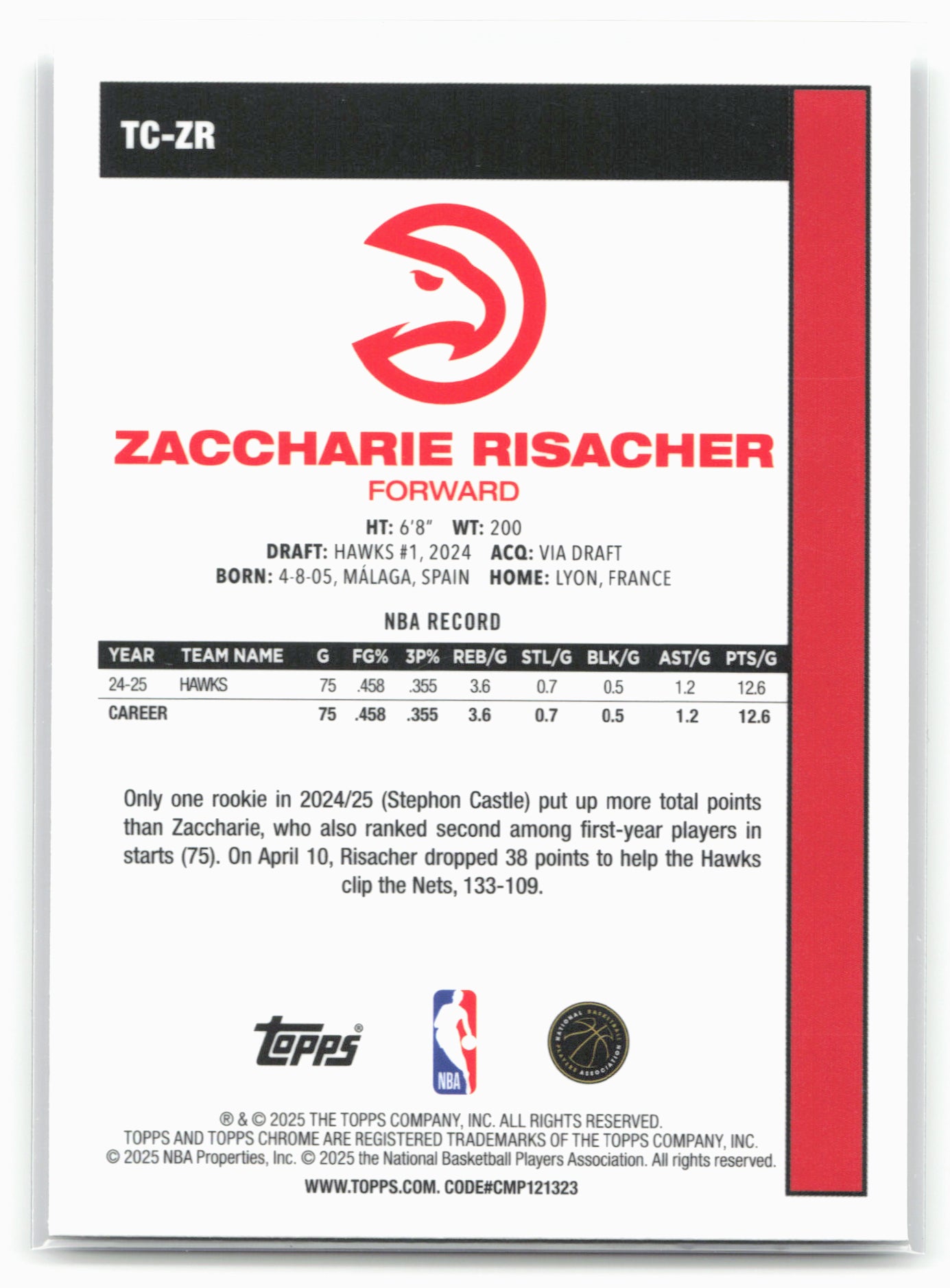 2025-26 Topps #TC-ZR Zaccharie Risacher 1980-81 Topps Chrome Basketball