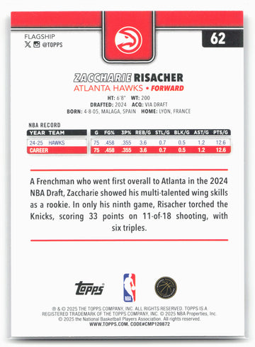2025-26 Topps #62 Zaccharie Risacher