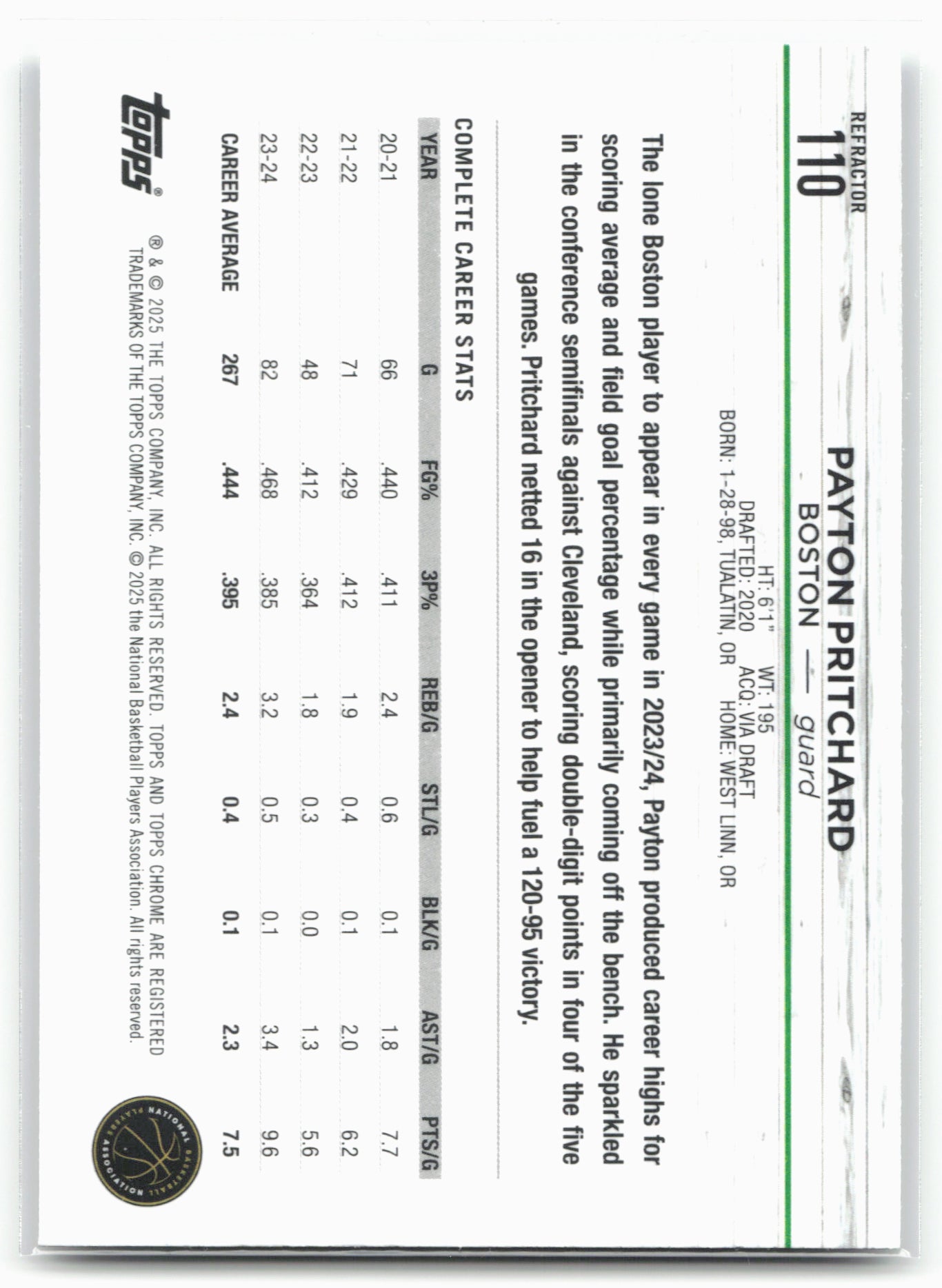 2024-25 Topps Chrome #110 Payton Pritchard Refractor 23214