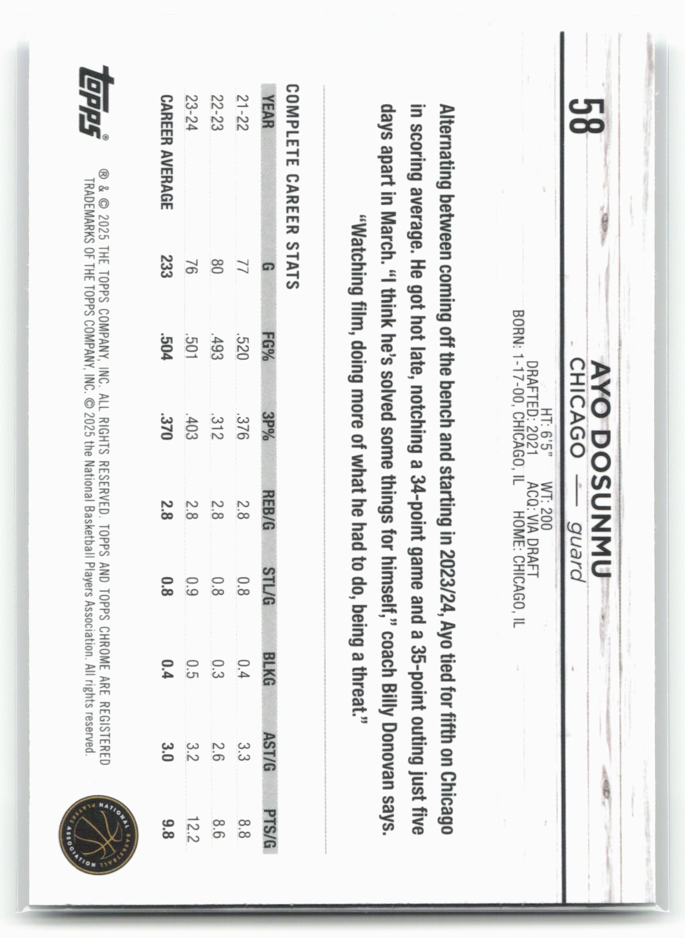 2024-25 Topps Chrome #58 Ayo Dosunmu Topps Green Refractor 23215
