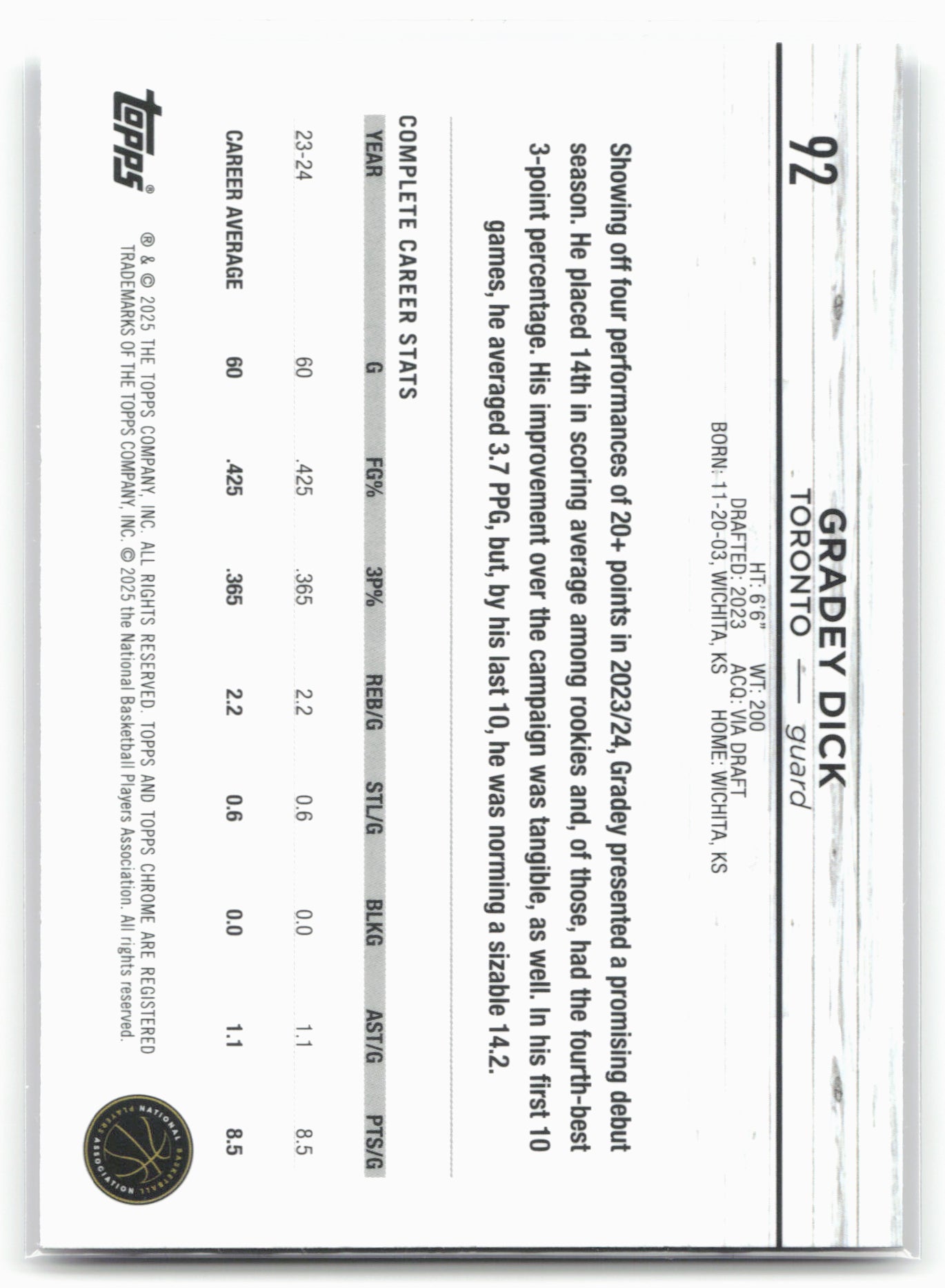 2024-25 Topps Chrome #92 Gradey Dick Pink Refractor 23216