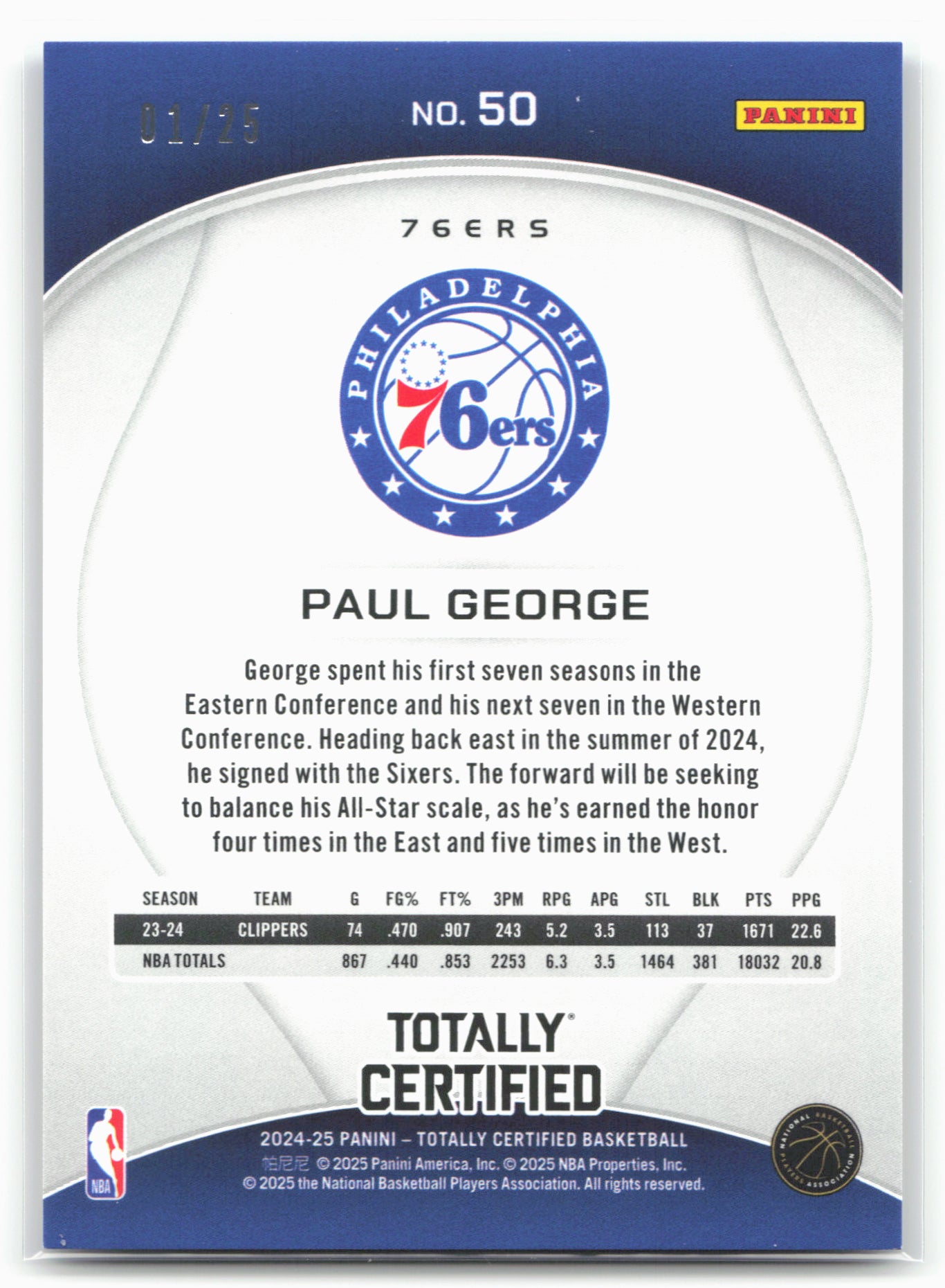 2024-25 Panini Totally Certified #50 Paul George Mirror White Platinum 23222