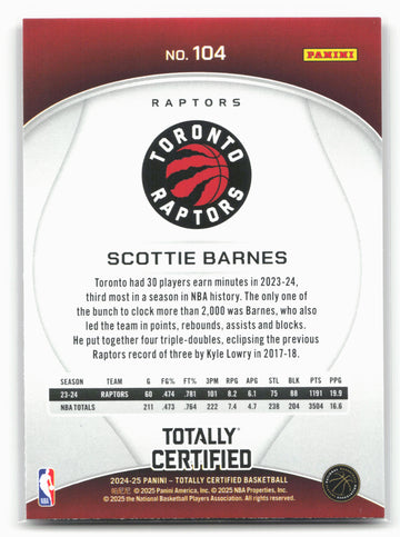 2024-25 Panini Totally Certified #104 Scottie Barnes Mirror Maroon 23224