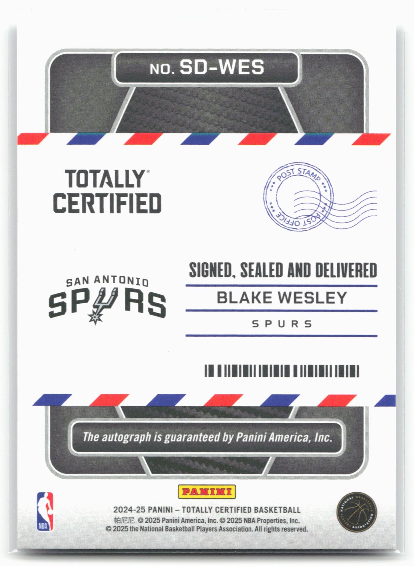 2024-25 Panini Totally Certified #SD-WES Blake Wesley Signed, Sealed, Delivered