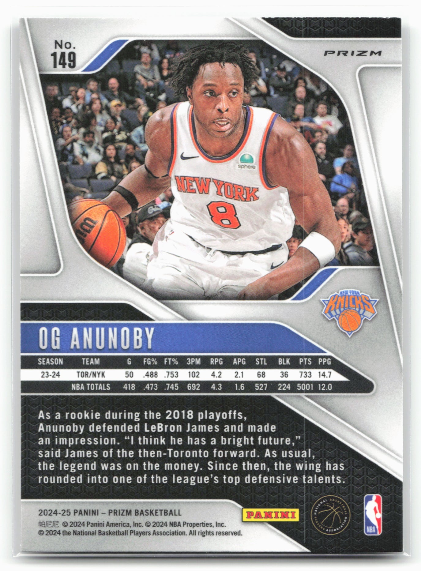 2024-25 Panini Prizm #149 OG Anunoby Prizms Silver