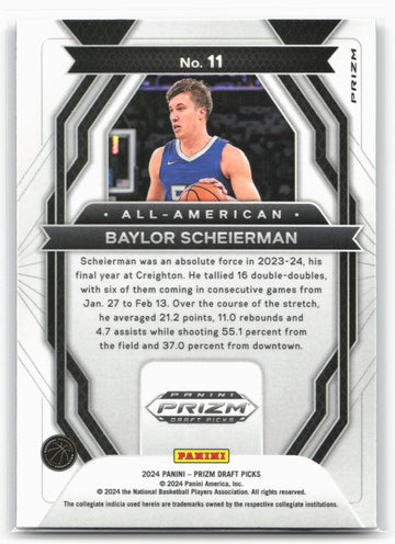 2024 Panini Prizm Draft Picks #11 Baylor Scheierman American Prizms Purple Wave
