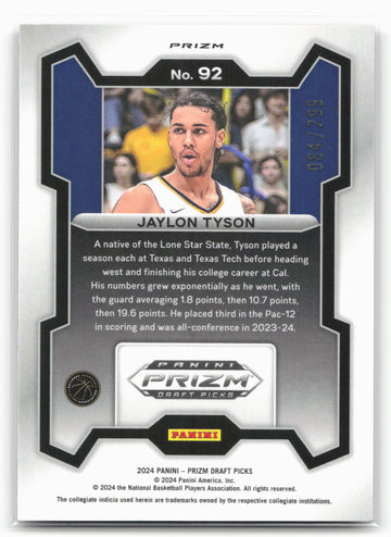 2024 Panini Prizm Draft Picks #92 Jaylon Tyson Prizms Red Pulsar #/299