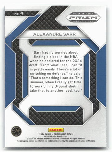 2024 Panini Prizm Draft Picks #4 Alexandre Sarr New Recruits 23308