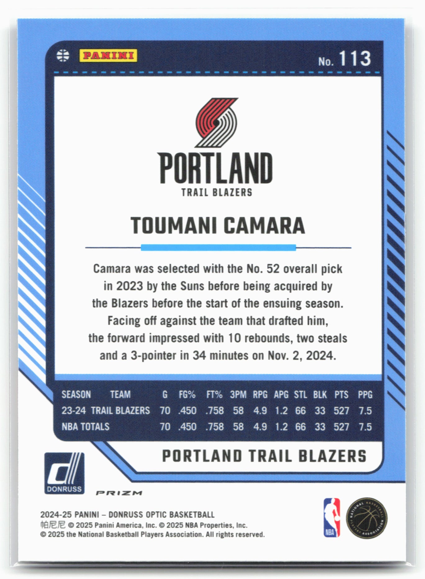2024-25 Donruss Optic #113 Toumani Camara Purple Shock