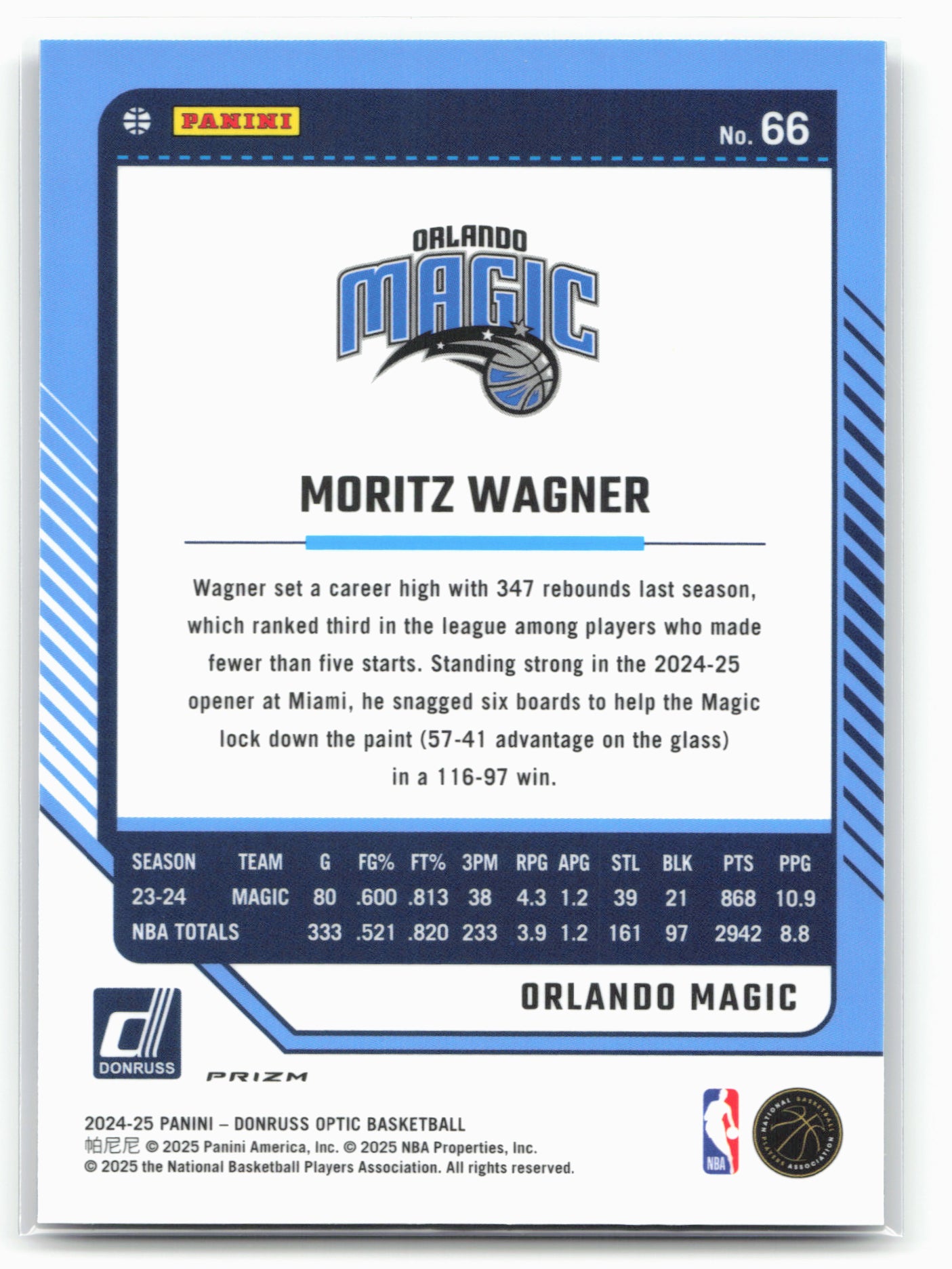 2024-25 Donruss Optic #66 Moritz Wagner Purple Shock