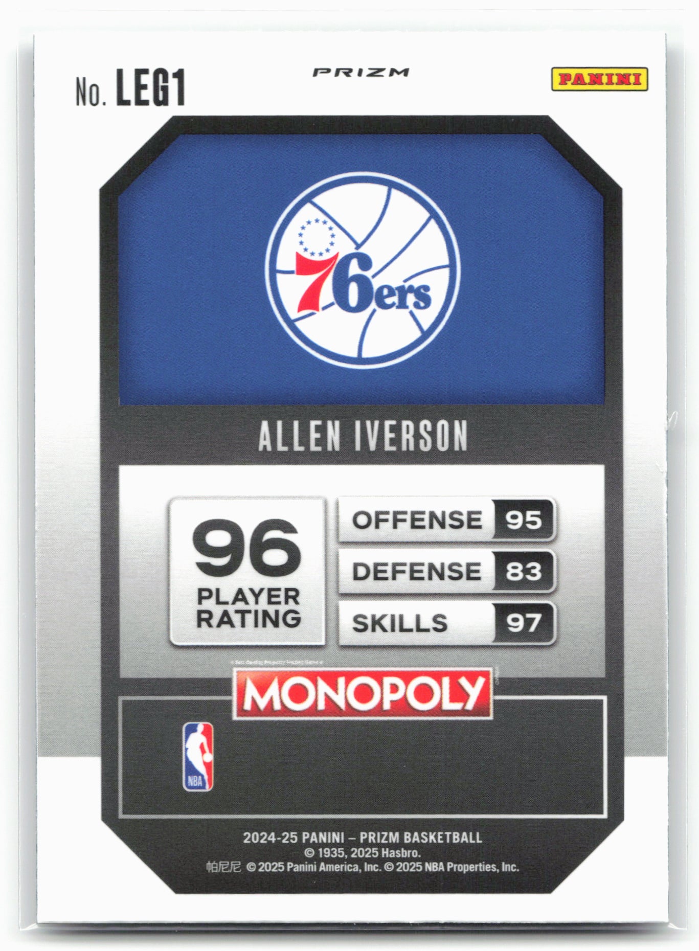 2024-25 Panini Prizm Monopoly #LEG1 Allen Iverson Legends Silver Prizms